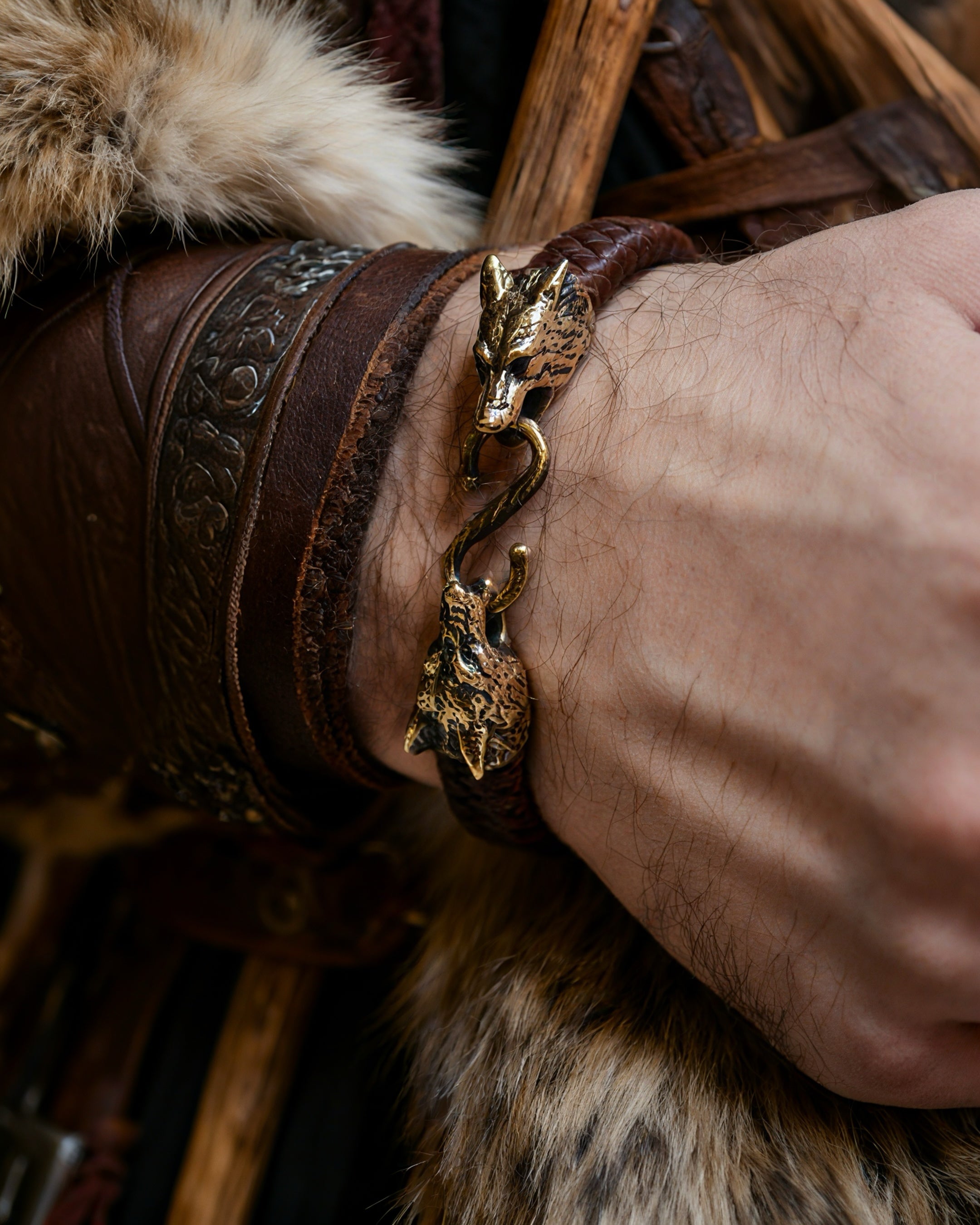 Wolves of Odin Bracelet, Natural Leather and Bronze