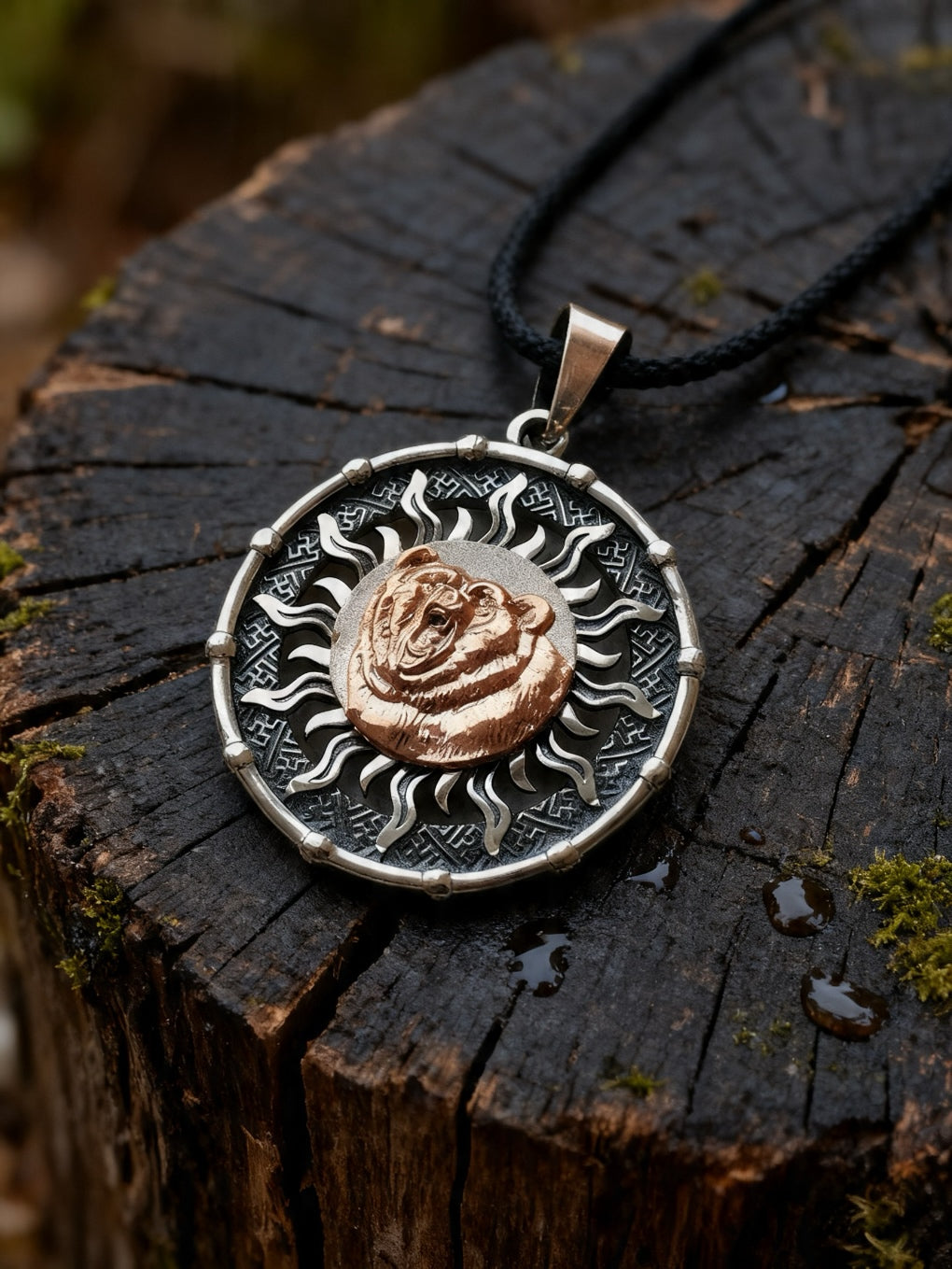 Golden Bear in Sun with Overlay Amulet, Sterling Silver 925 — Viking Symbol Pendant