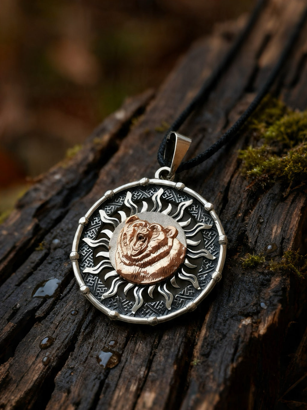 Golden Bear in Sun with Overlay Amulet, Sterling Silver 925 — Viking Symbol Pendant