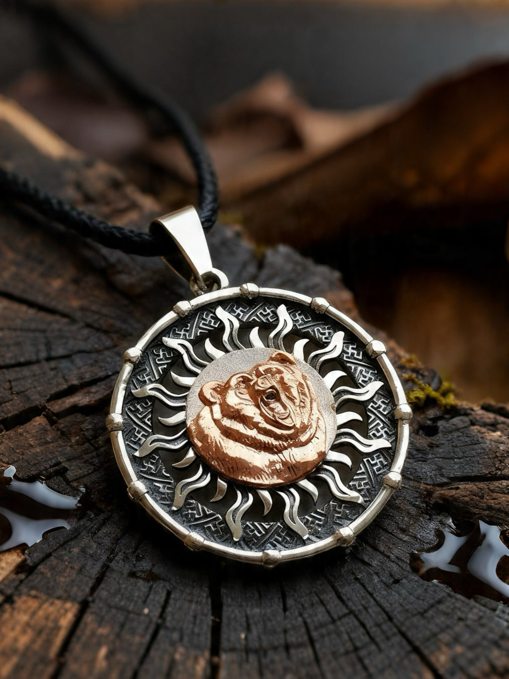 Golden Bear in Sun with Overlay Amulet, Sterling Silver 925 — Viking Symbol Pendant