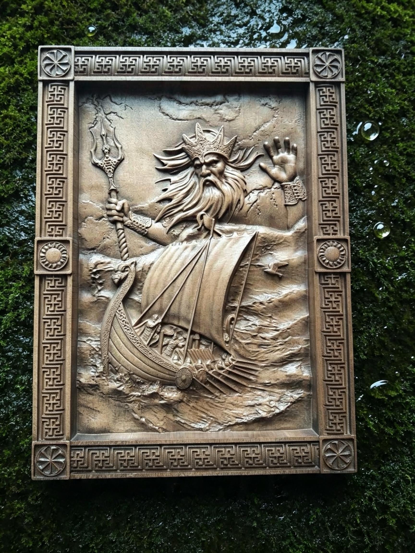 God Njord Wooden Wall Panel — Hand-Carved Wood Art