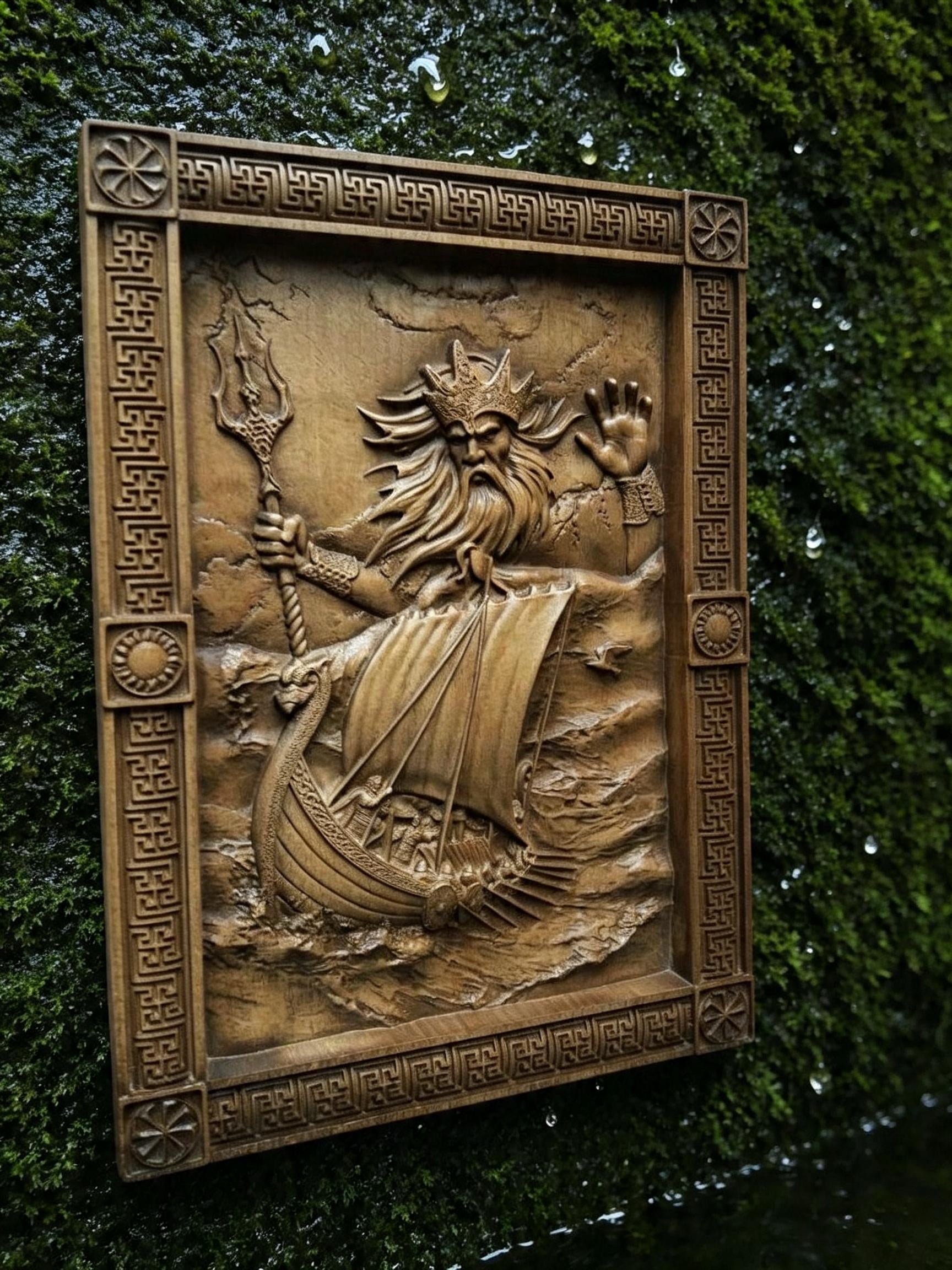 God Njord Wooden Wall Panel — Hand-Carved Wood Art