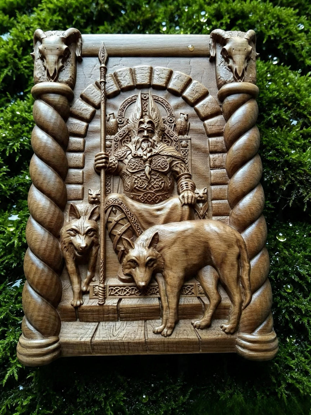 God Odin Wooden Wall Panel — Hand-Carved Wood Art