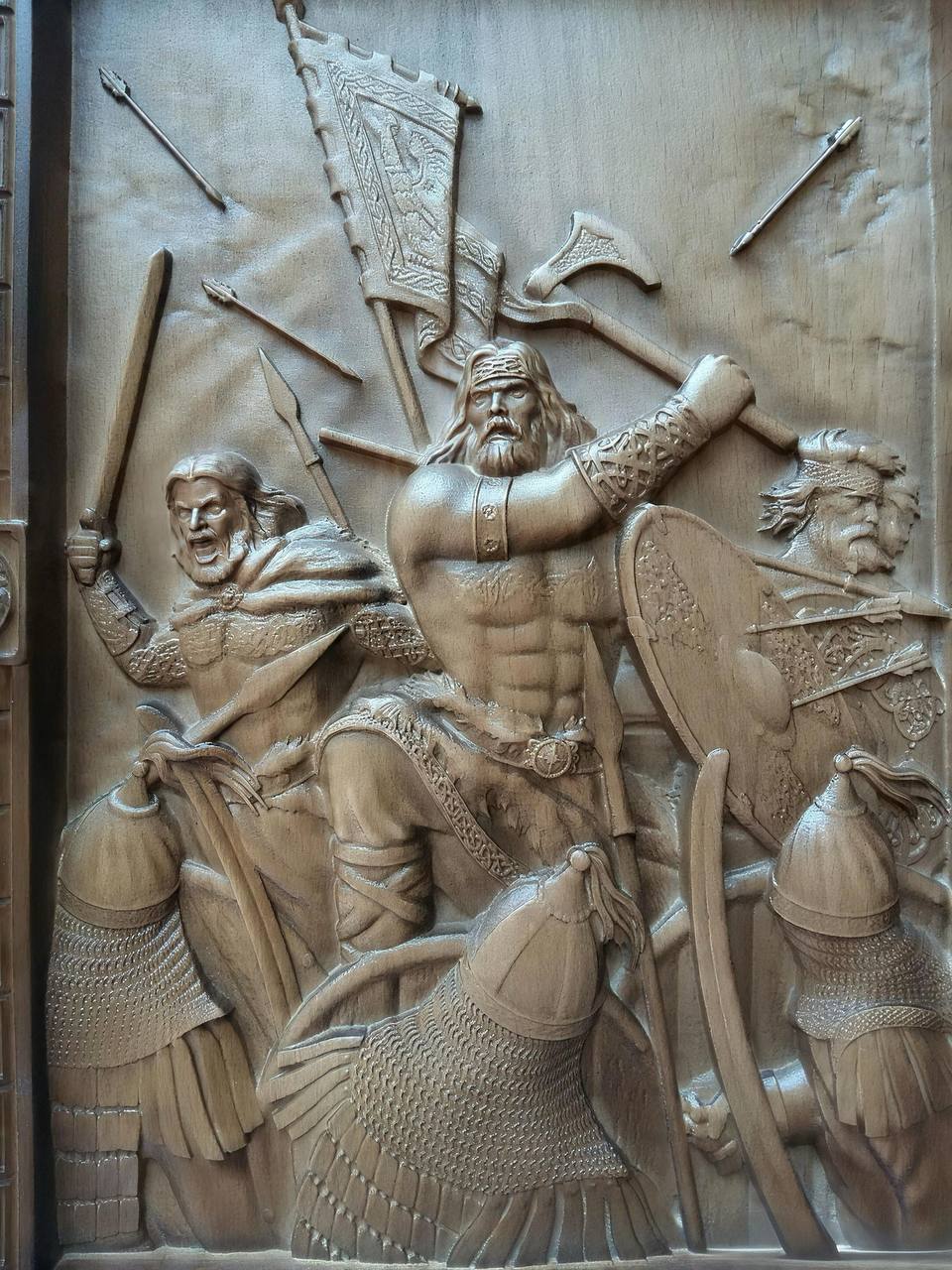 Druzhina (Warrior Retinue) Wooden Wall Panel — Hand-Carved Wood Art