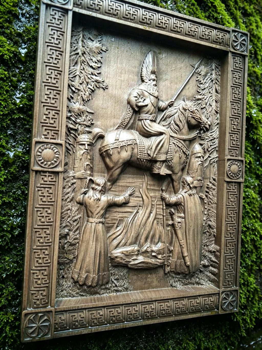 The Appearance of Svarog Wooden Wall Panel — Hand-Carved Wood Art