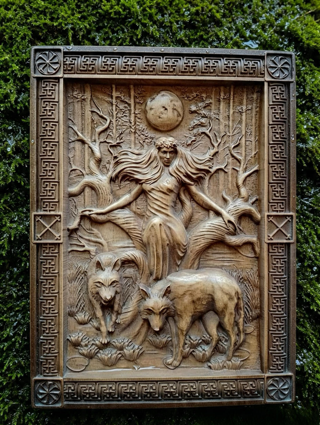 Goddess Mara / Morana Wooden Wall Panel — Hand-Carved Wood Art
