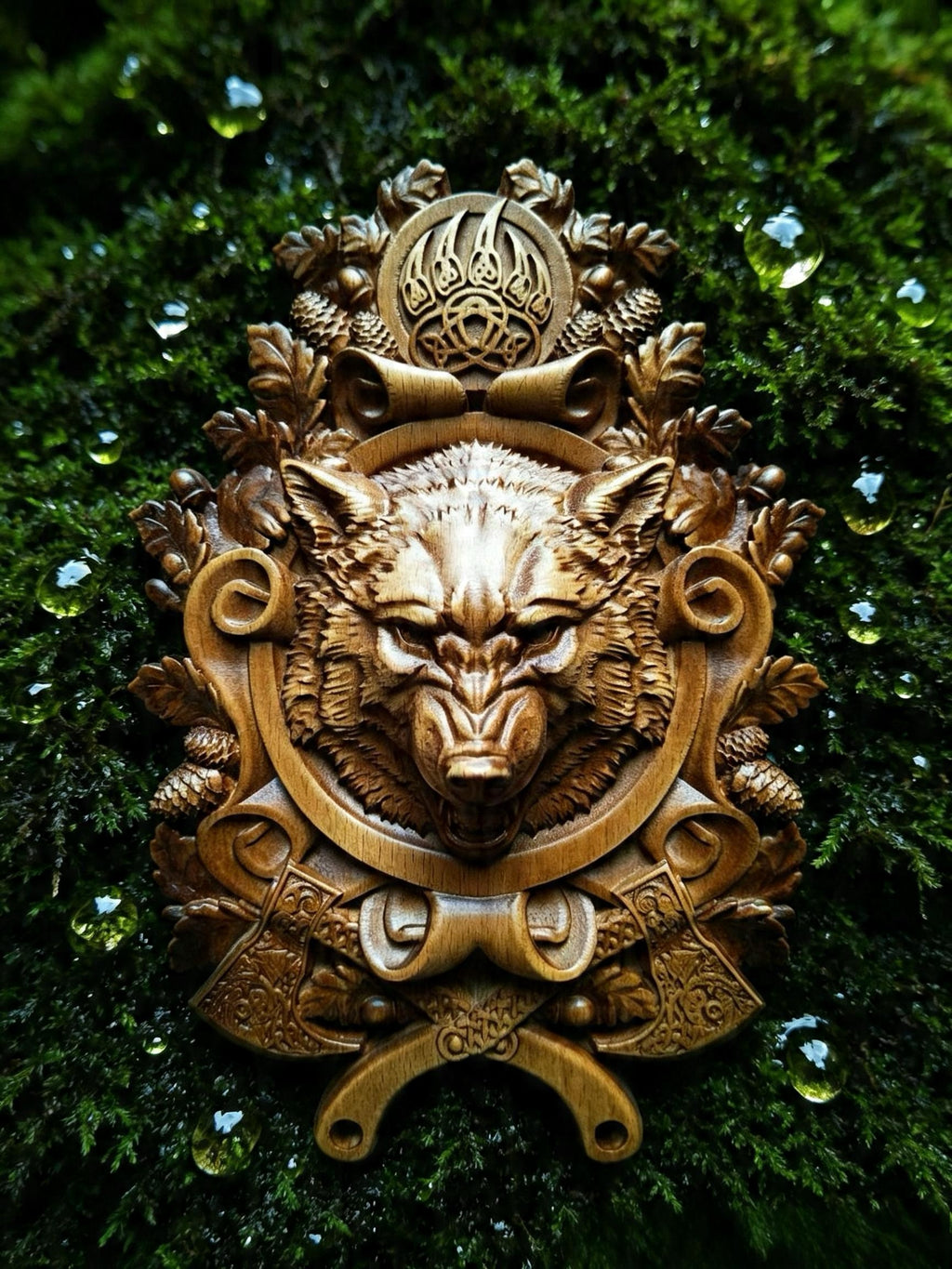Wolf – Seal of Veles Wooden Wall Panel — Hand-Carved Wood Art