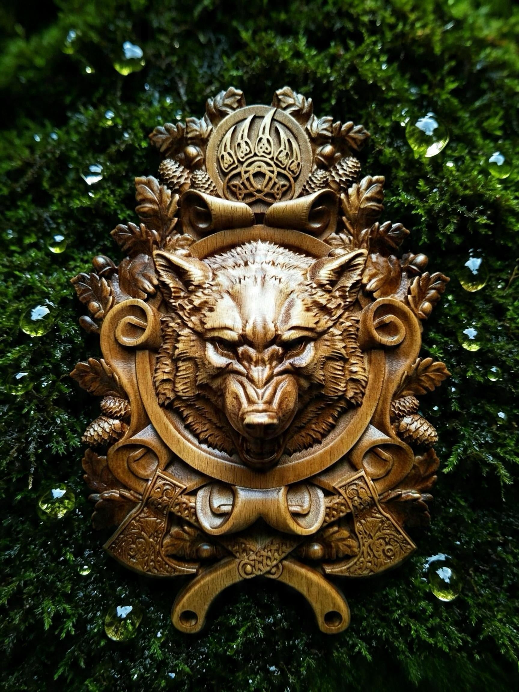 Wolf – Seal of Veles Wooden Wall Panel — Hand-Carved Wood Art