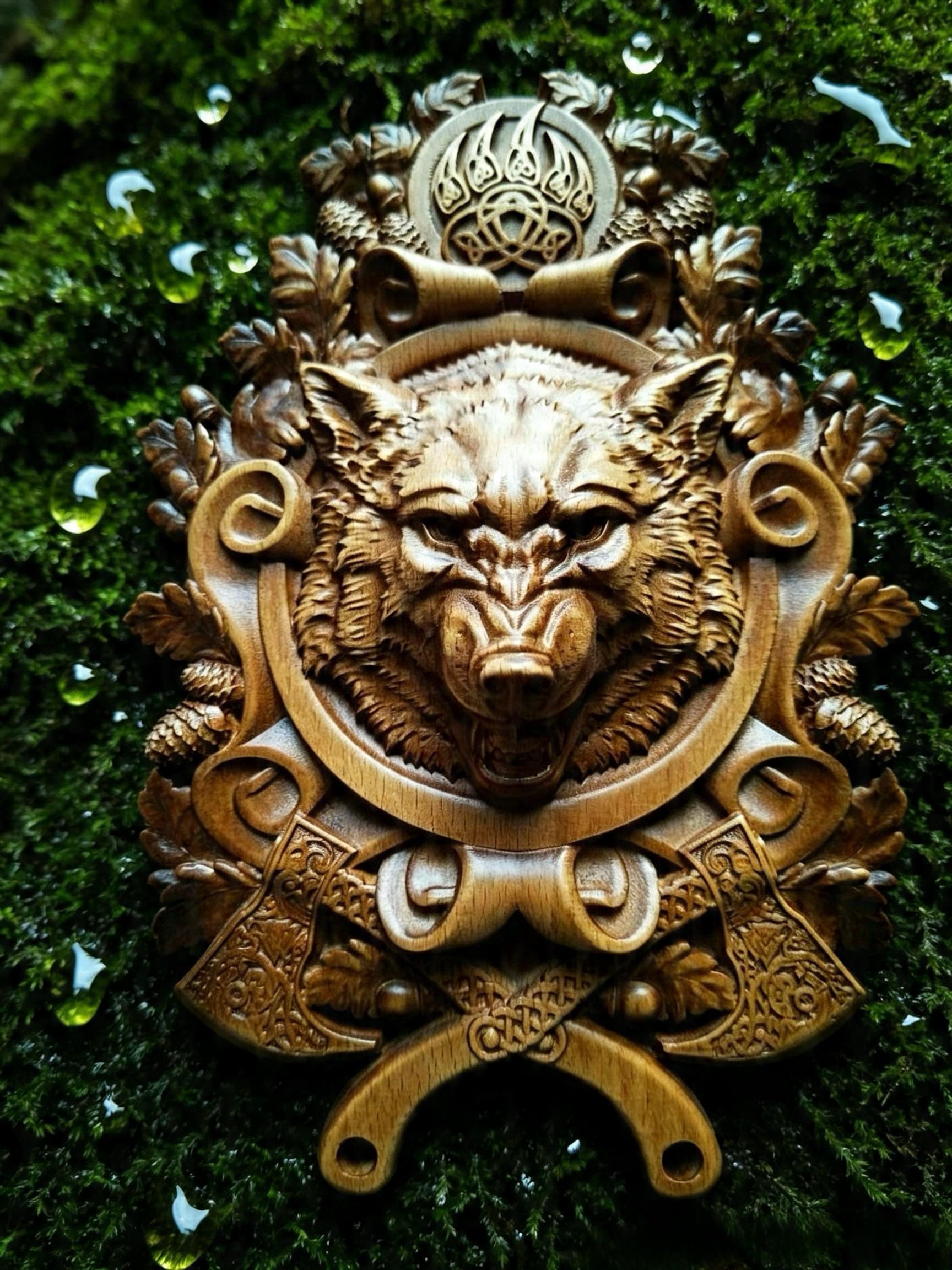 Wolf – Seal of Veles Wooden Wall Panel — Hand-Carved Wood Art
