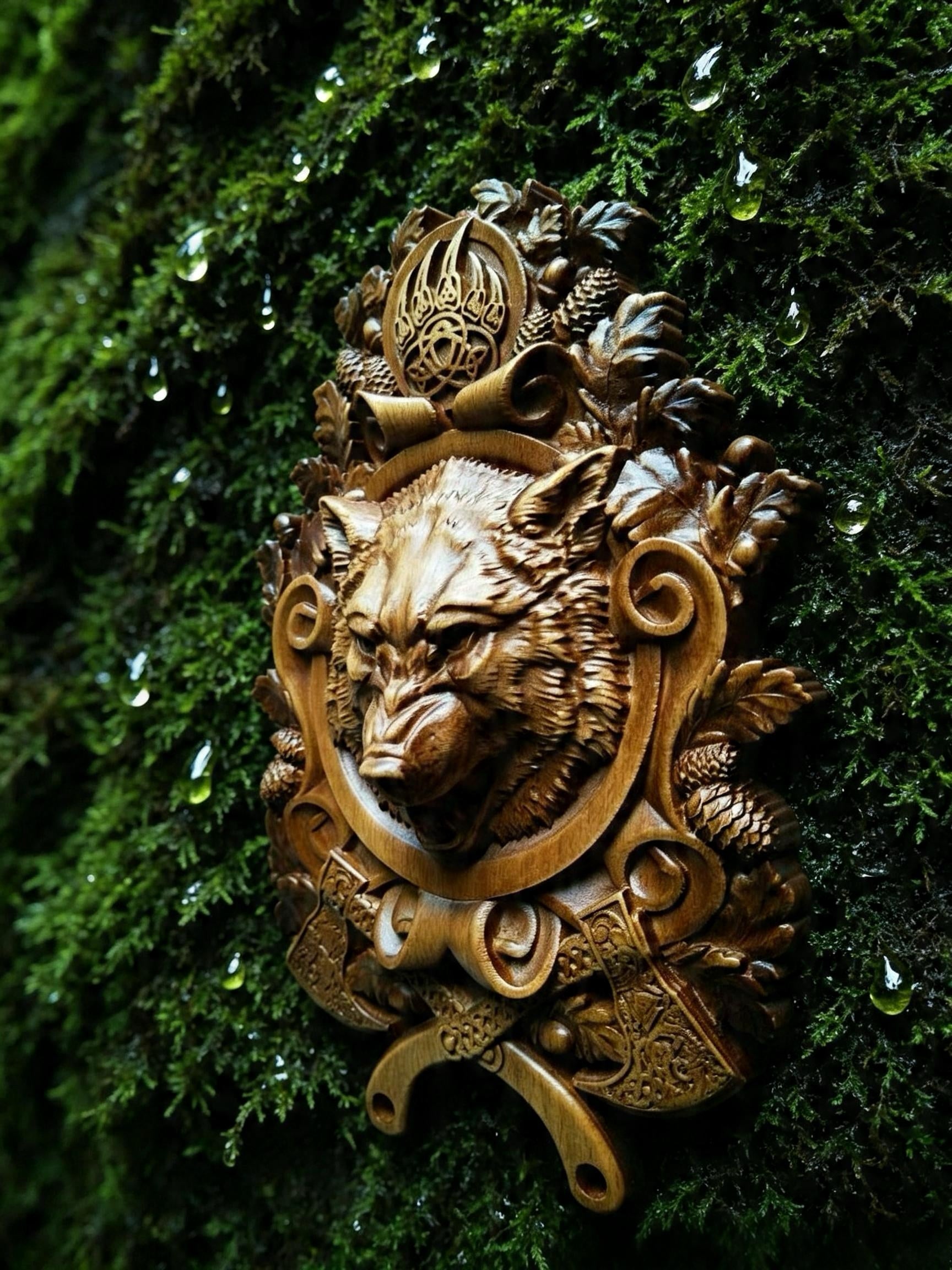 Wolf – Seal of Veles Wooden Wall Panel — Hand-Carved Wood Art