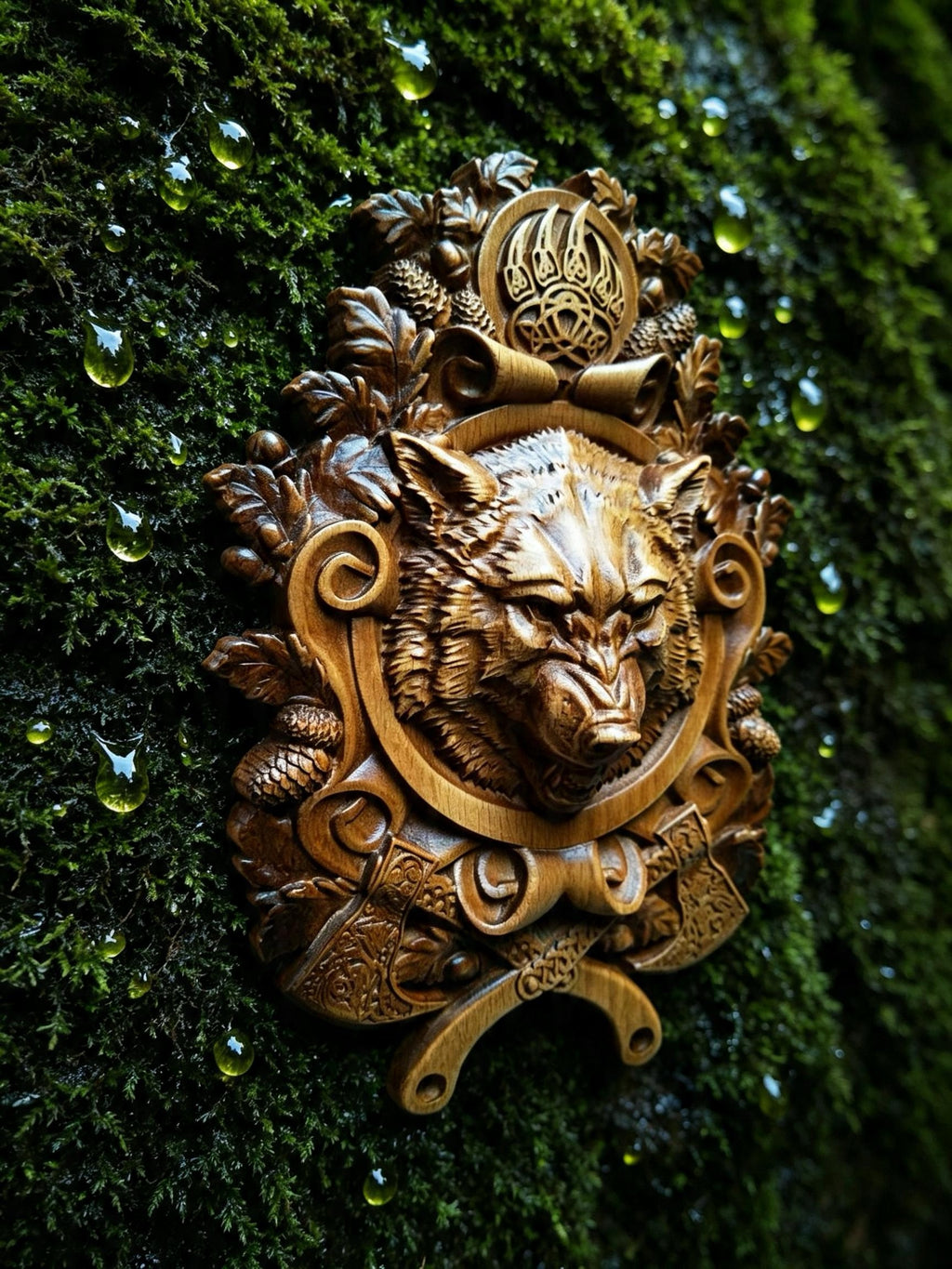 Wolf – Seal of Veles Wooden Wall Panel — Hand-Carved Wood Art
