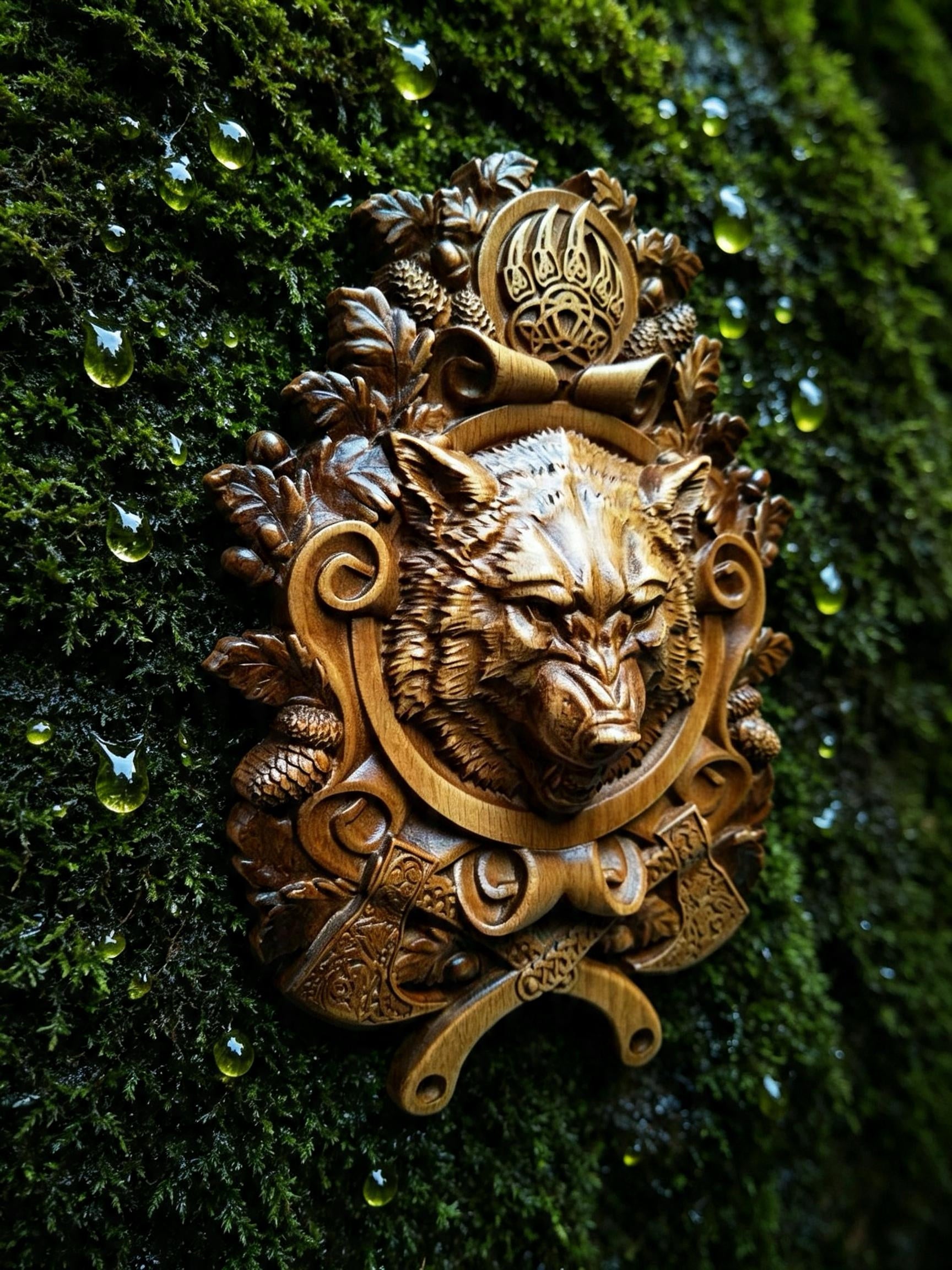 Wolf – Seal of Veles Wooden Wall Panel — Hand-Carved Wood Art