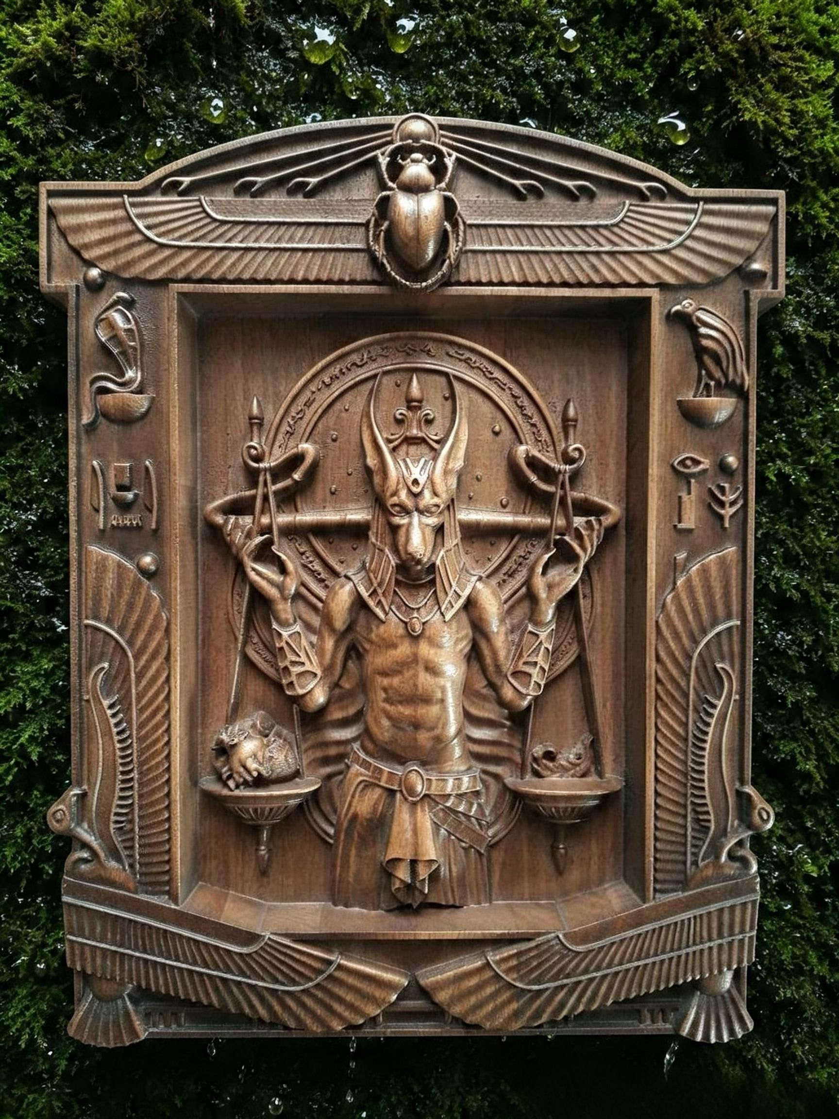 Egyptian God Anubis Wooden Wall Panel — Hand-Carved Wood Art