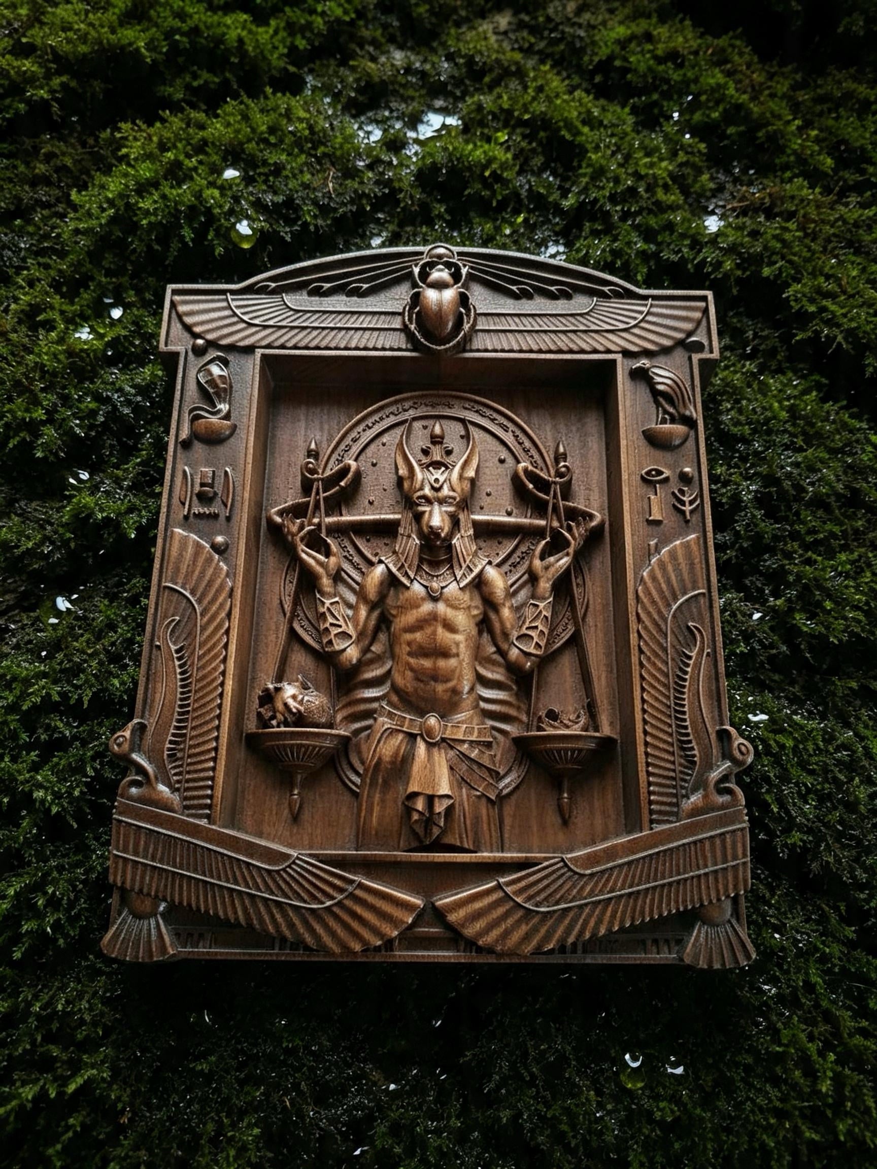 Egyptian God Anubis Wooden Wall Panel — Hand-Carved Wood Art