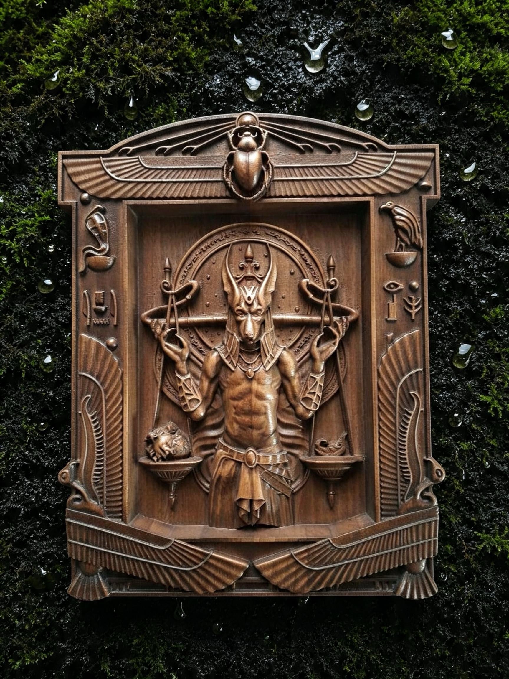Egyptian God Anubis Wooden Wall Panel — Hand-Carved Wood Art
