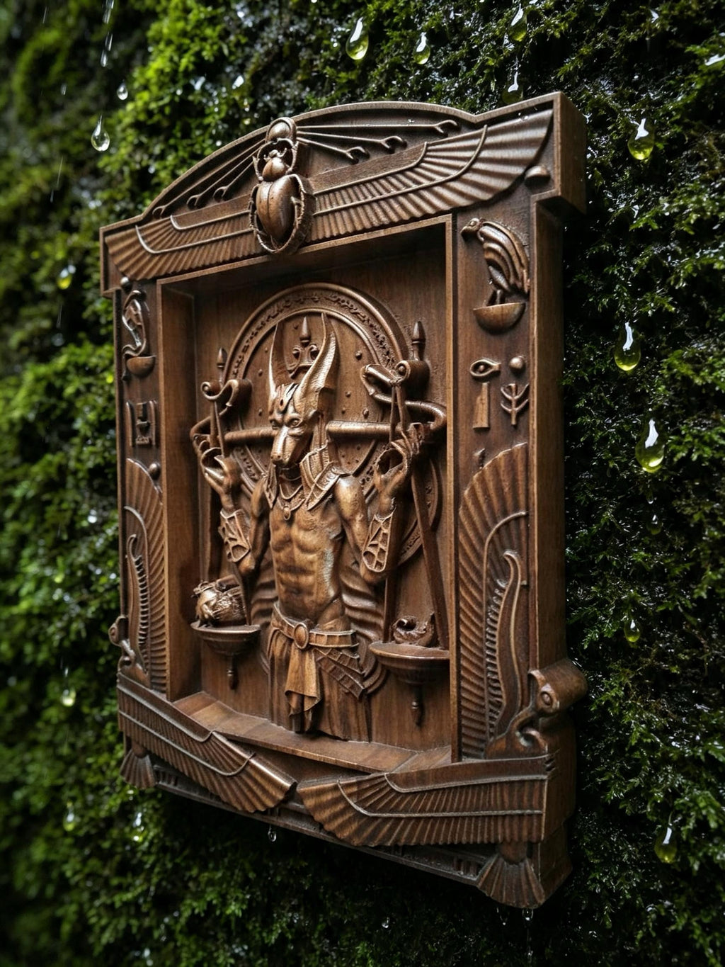 Egyptian God Anubis Wooden Wall Panel — Hand-Carved Wood Art