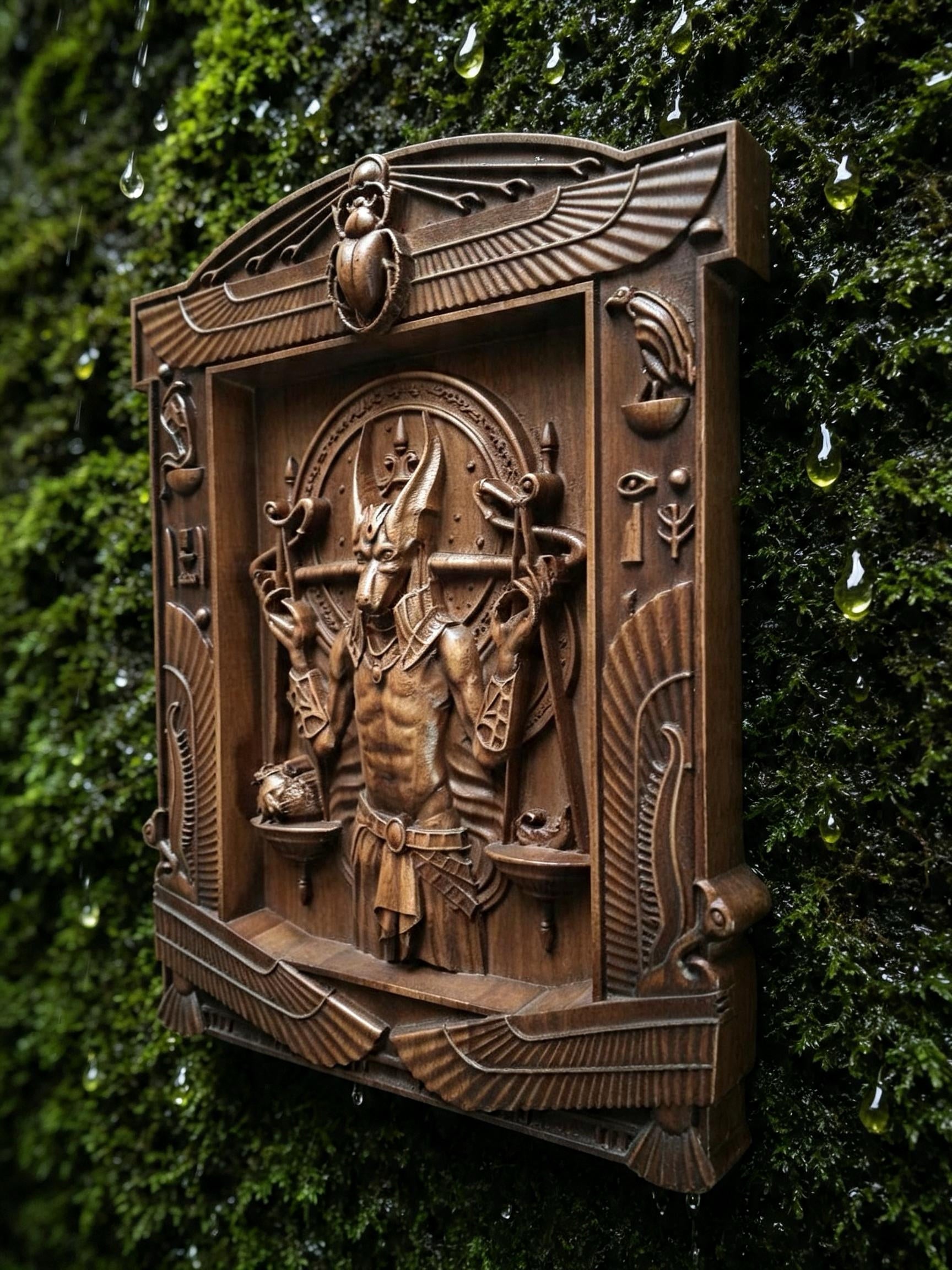 Egyptian God Anubis Wooden Wall Panel — Hand-Carved Wood Art