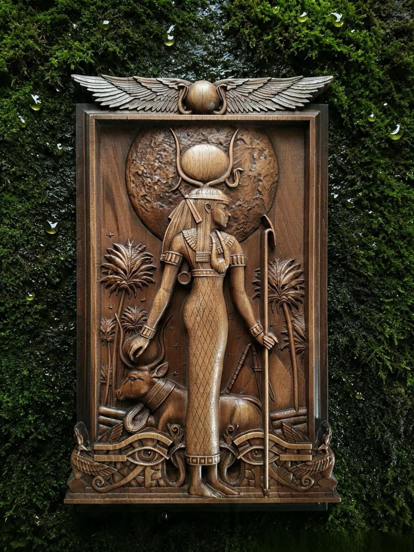 Egyptian Goddess Hathor Wooden Wall Panel — Hand-Carved Wood Art