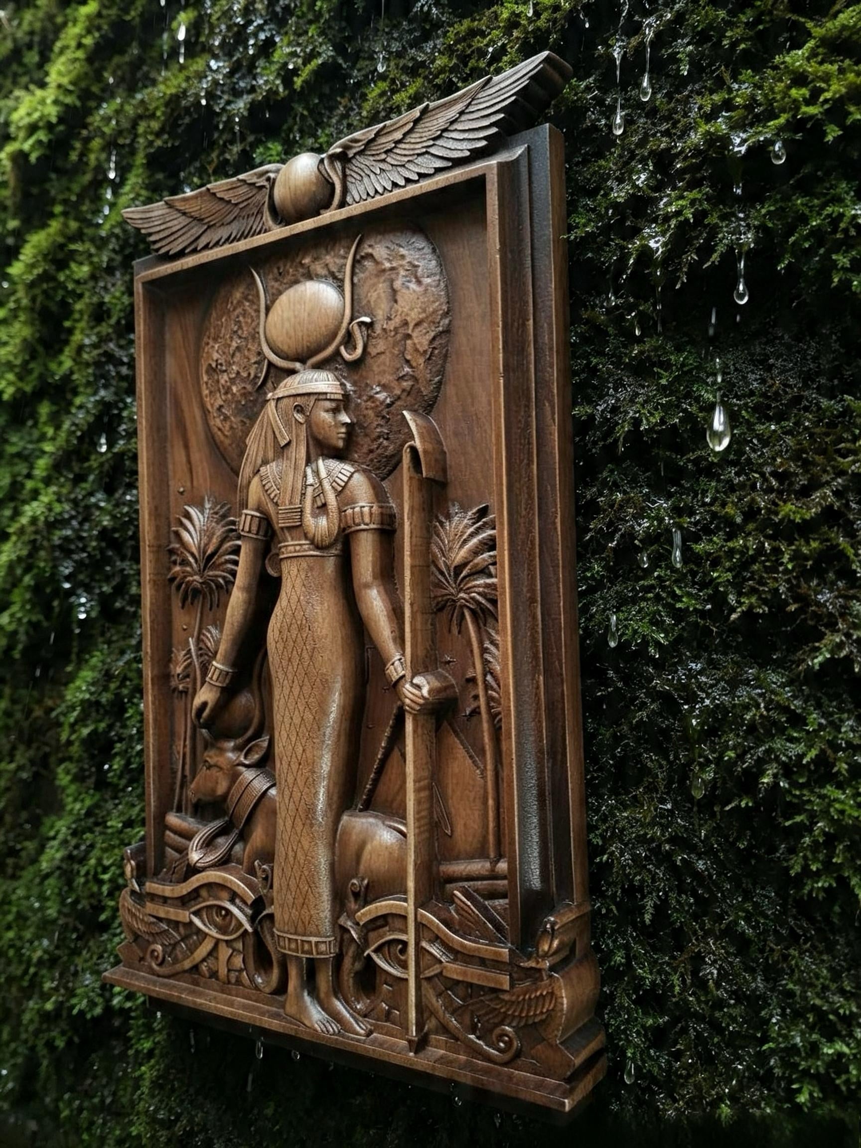 Egyptian Goddess Hathor Wooden Wall Panel — Hand-Carved Wood Art