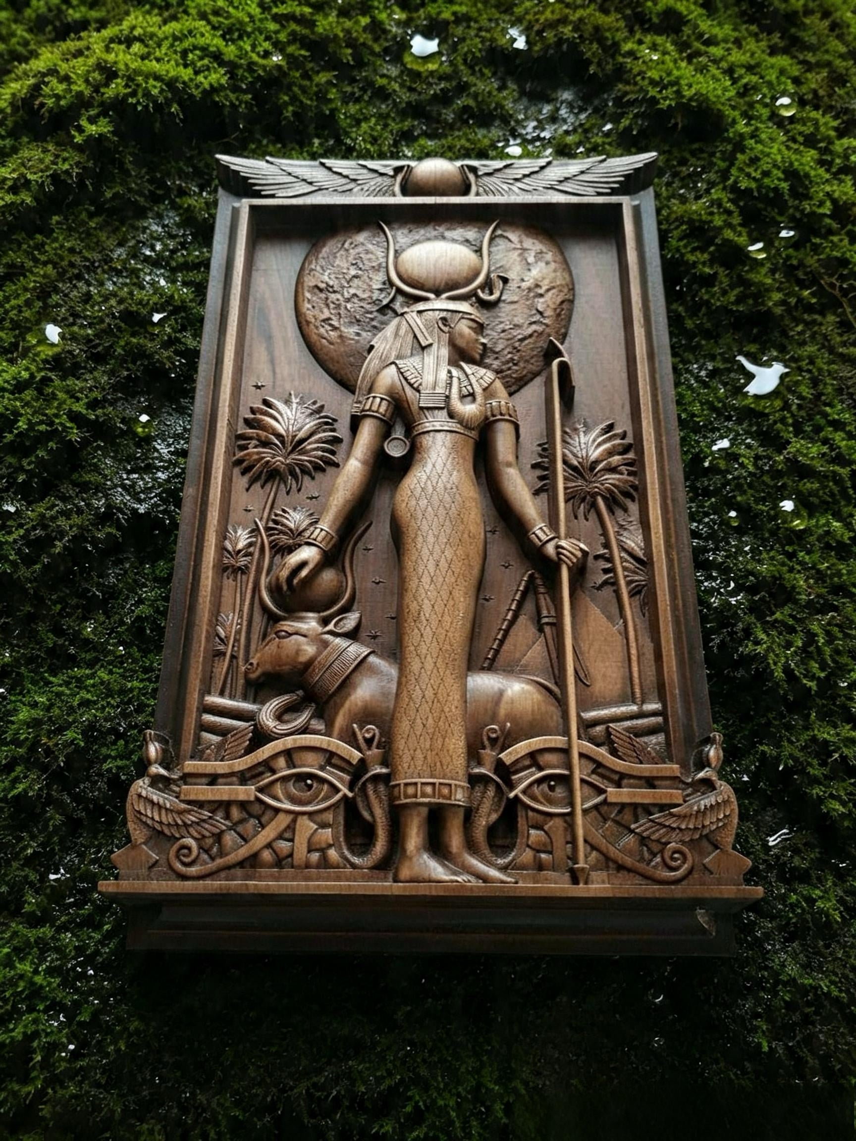 Egyptian Goddess Hathor Wooden Wall Panel — Hand-Carved Wood Art