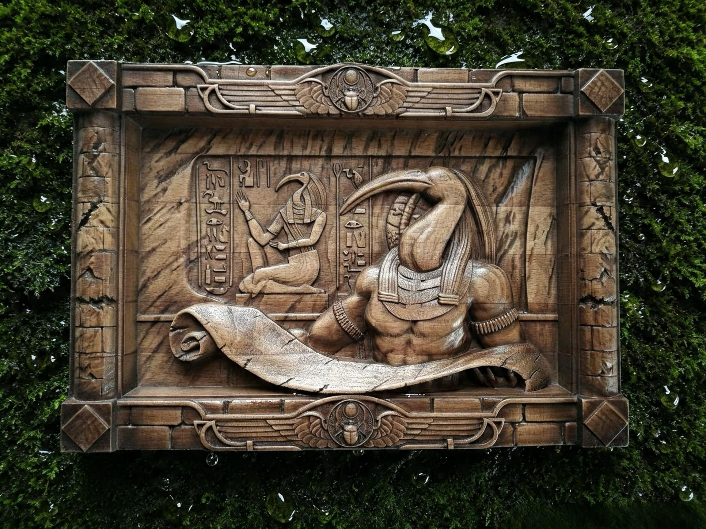 Egyptian God Thoth Wooden Wall Panel — Hand-Carved Wood Art
