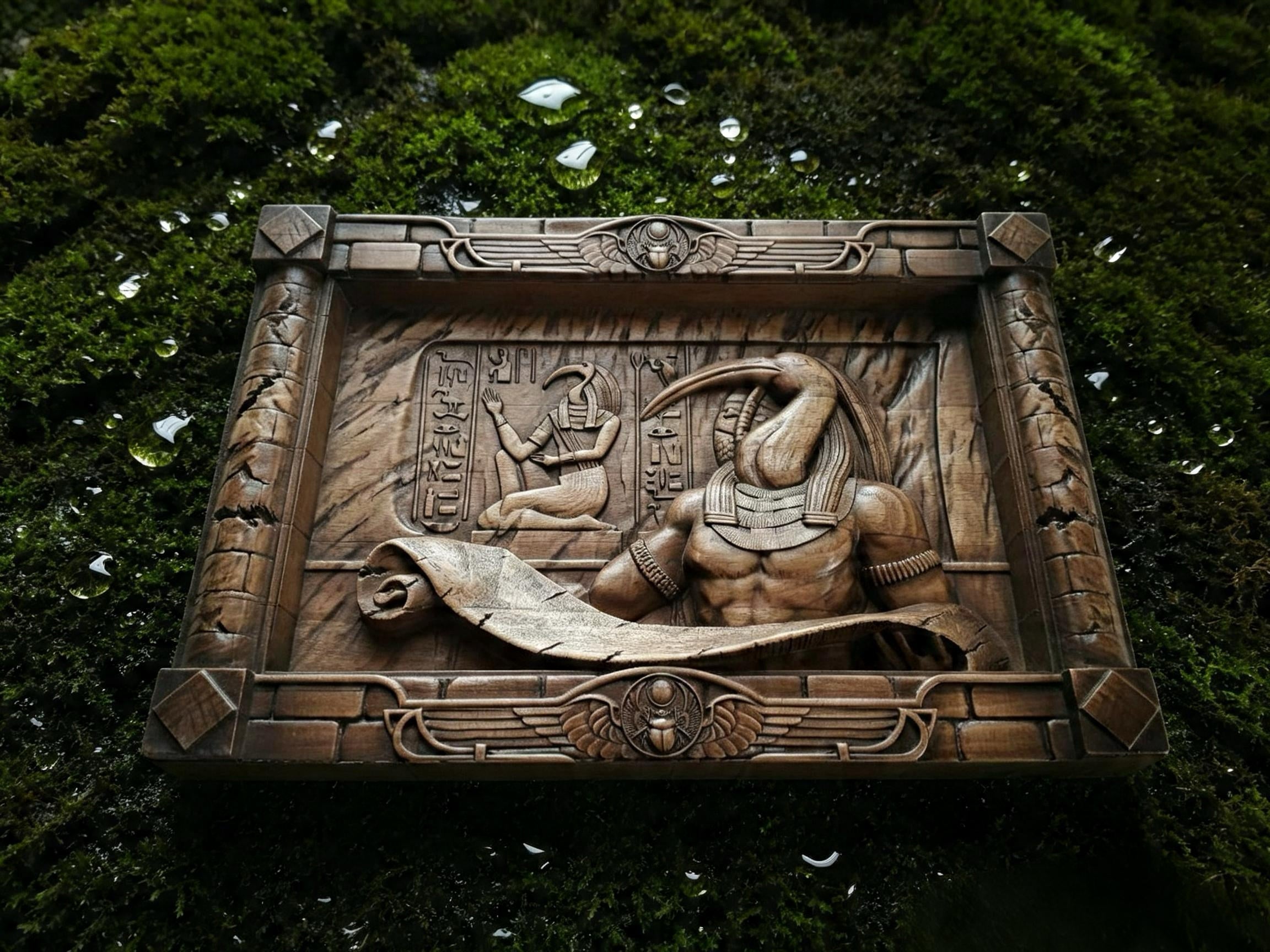 Egyptian God Thoth Wooden Wall Panel — Hand-Carved Wood Art