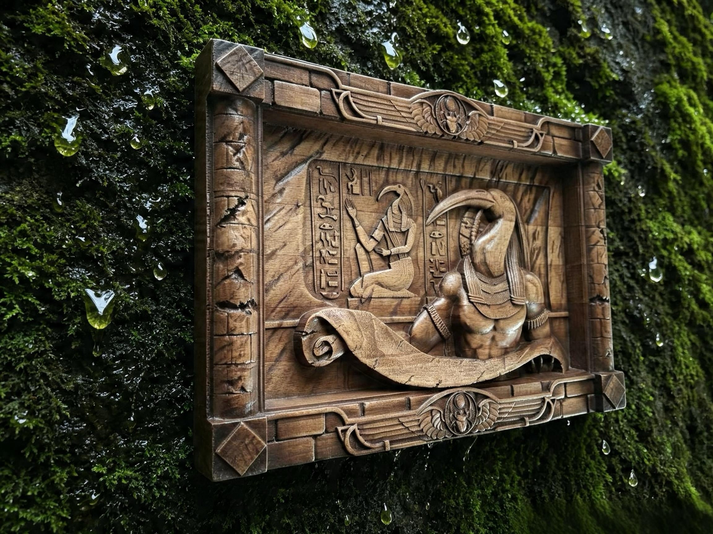 Egyptian God Thoth Wooden Wall Panel — Hand-Carved Wood Art