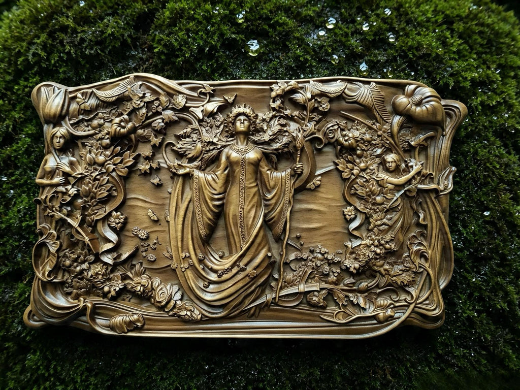 Slavic Goddess Zhiva Wooden Wall Panel — Hand-Carved Wood Art