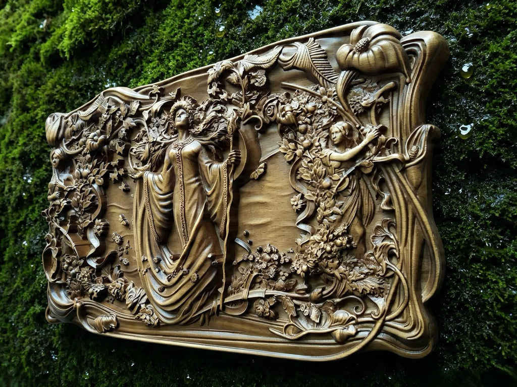 Slavic Goddess Zhiva Wooden Wall Panel — Hand-Carved Wood Art