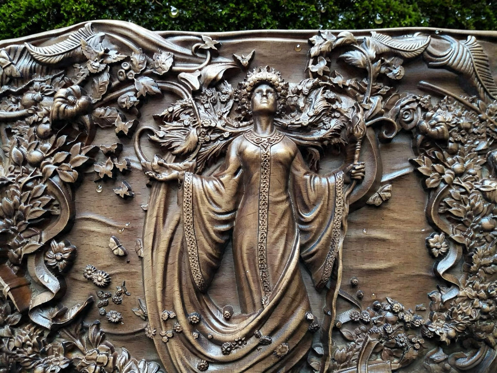 Slavic Goddess Zhiva Wooden Wall Panel — Hand-Carved Wood Art