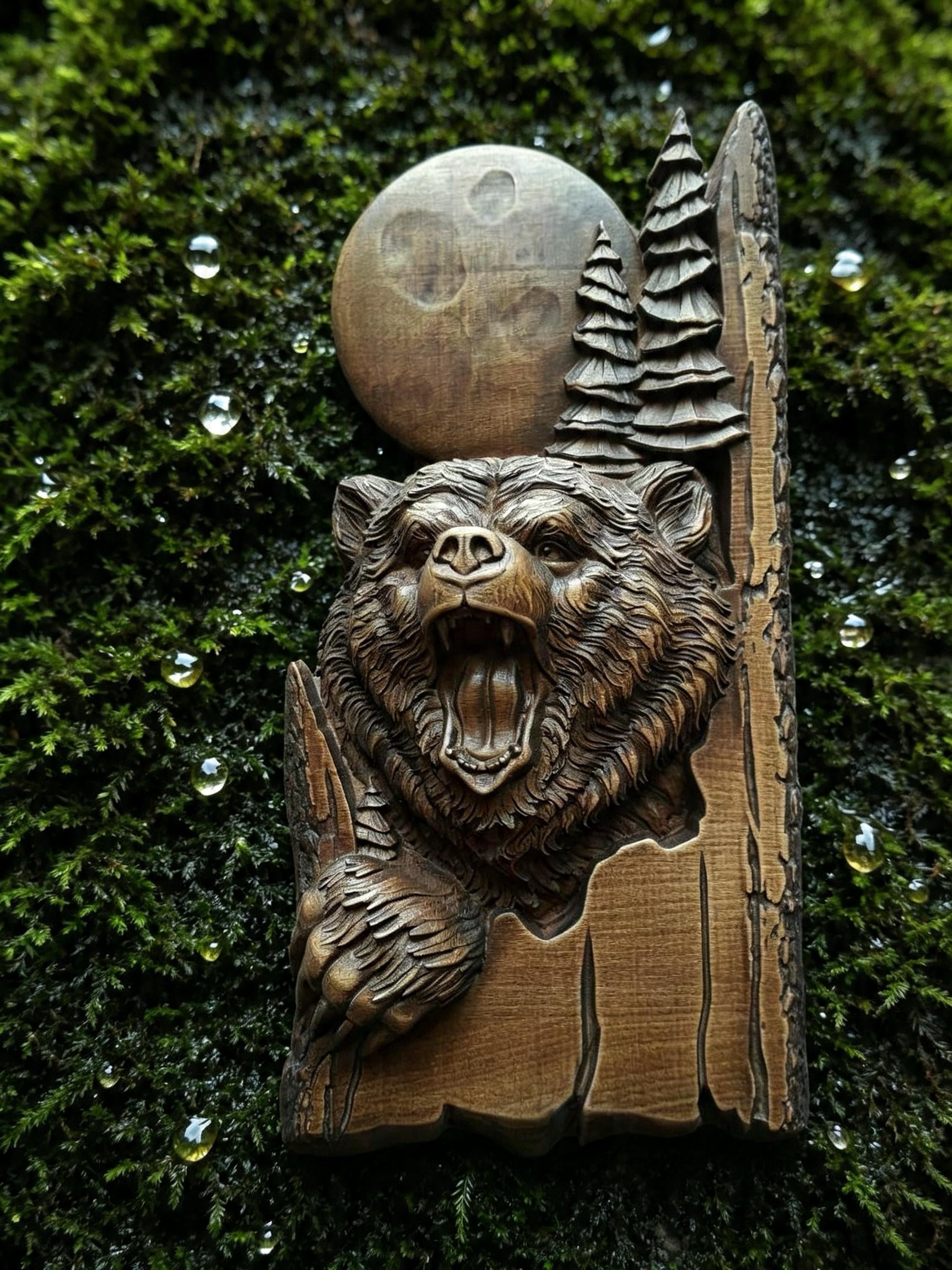 Bear Wooden Wall Panel — Hand-Carved Wood Art