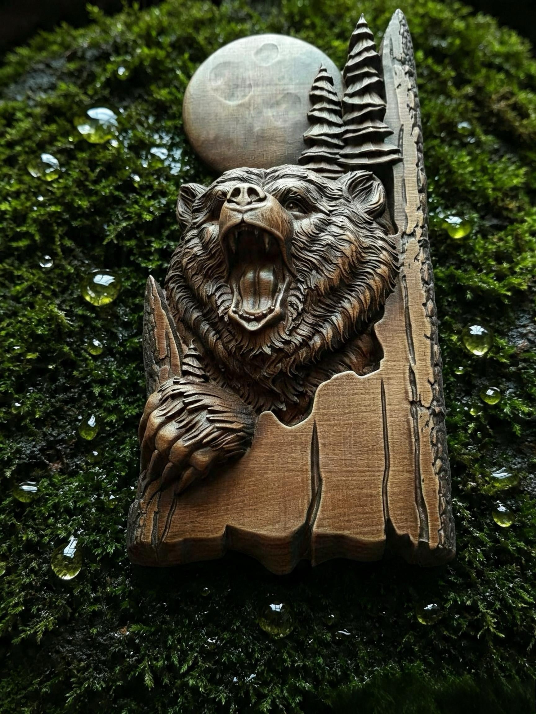 Bear Wooden Wall Panel — Hand-Carved Wood Art