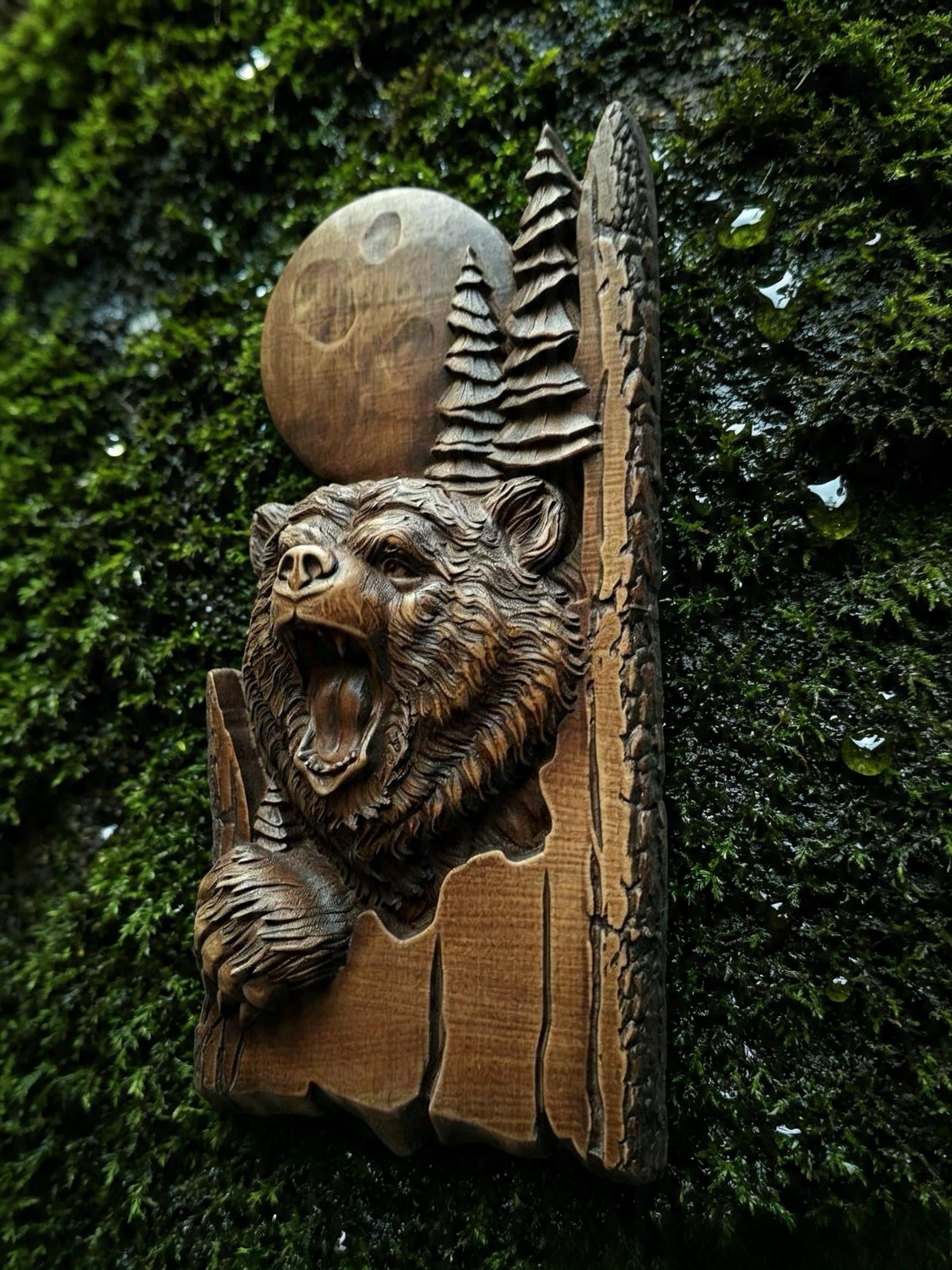 Bear Wooden Wall Panel — Hand-Carved Wood Art