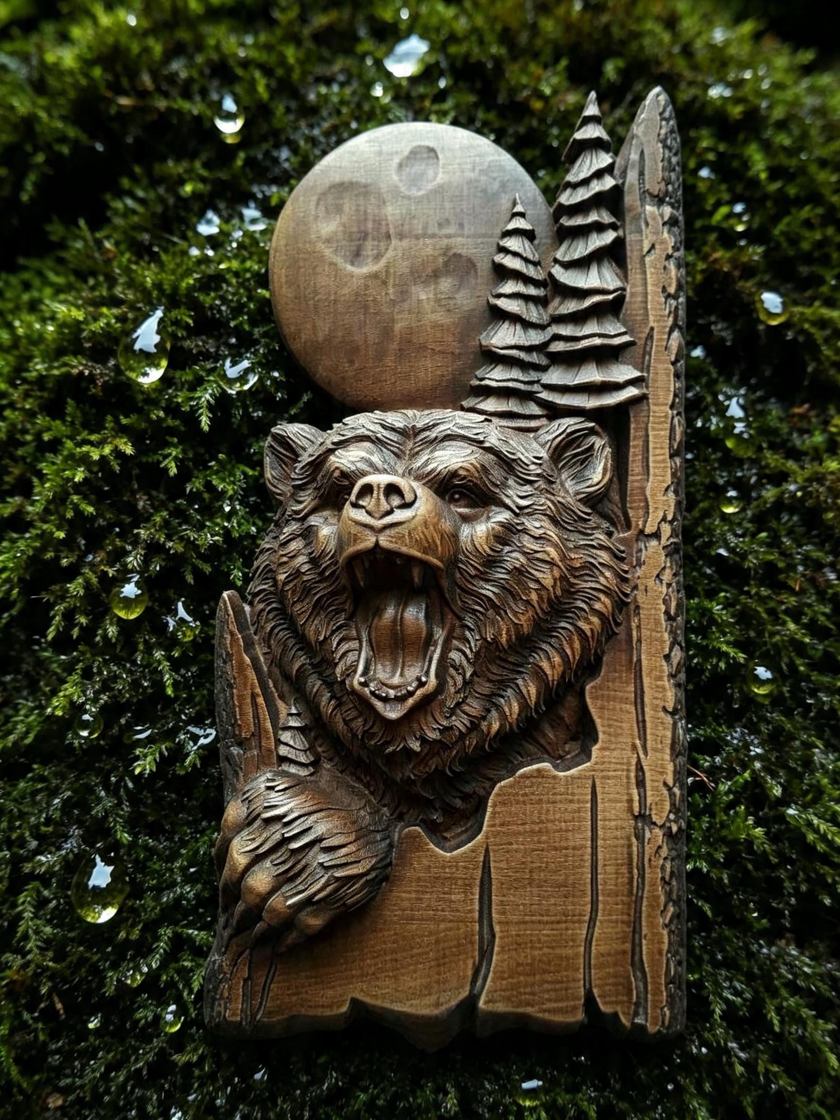Bear Wooden Wall Panel — Hand-Carved Wood Art