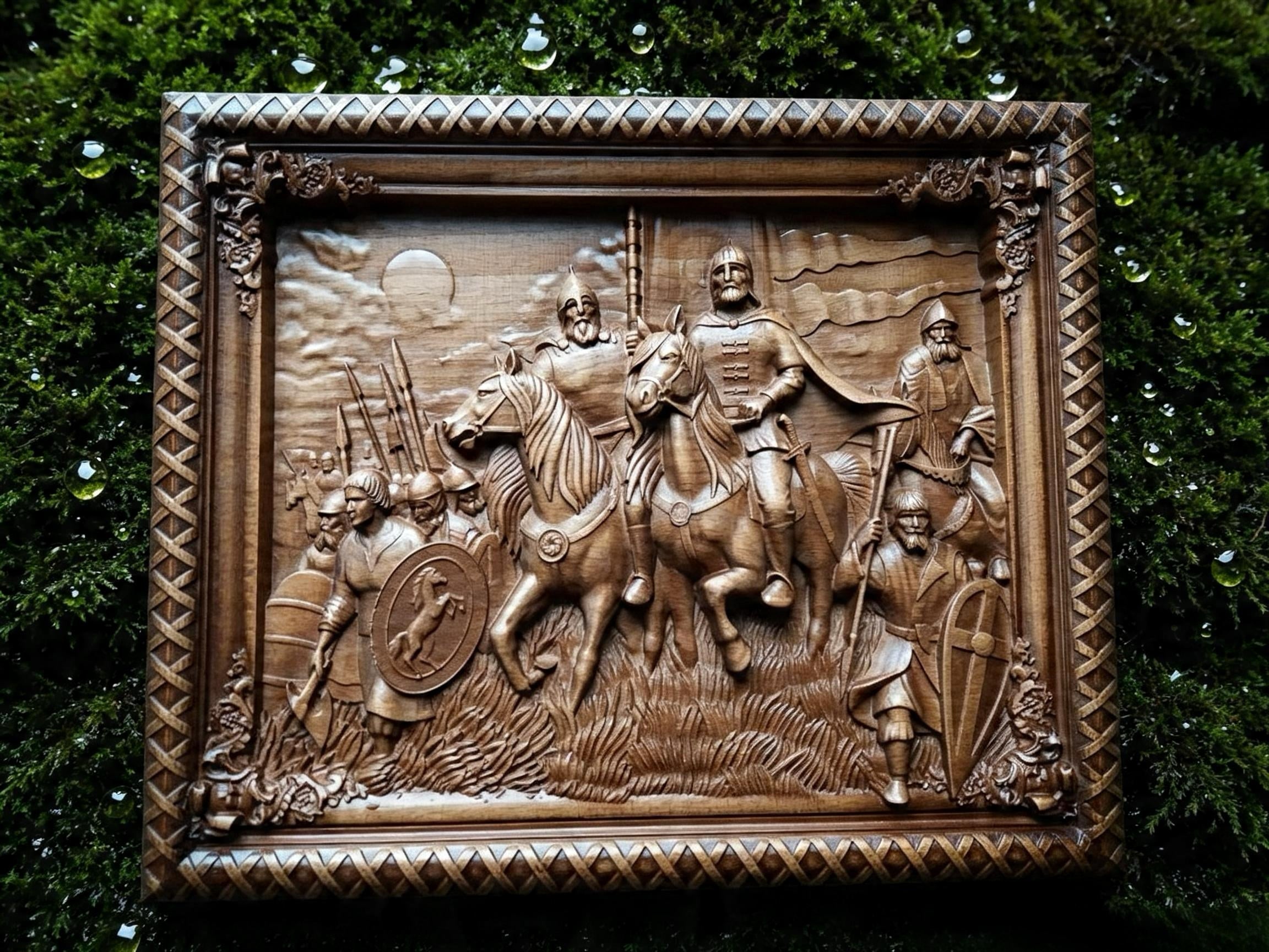 Rus, Warriors of the North Wooden Wall Panel — Hand-Carved Wood Art