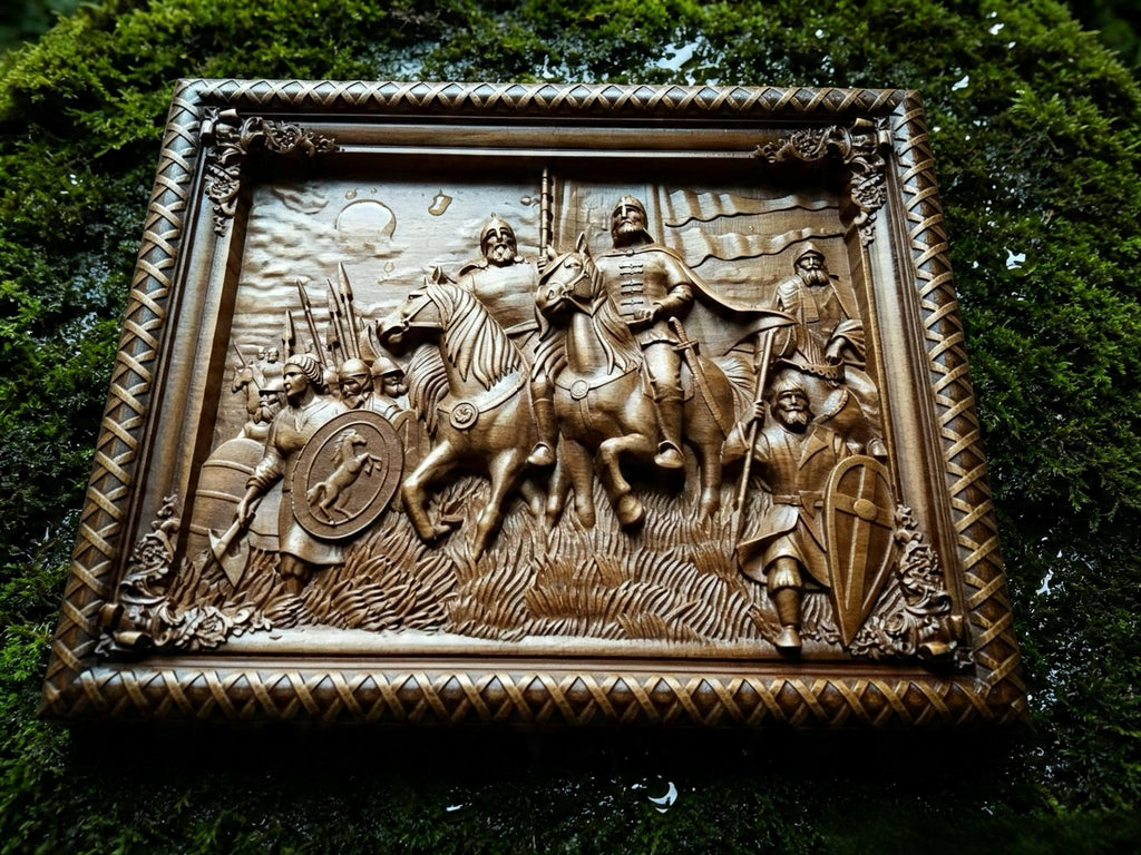 Rus, Warriors of the North Wooden Wall Panel — Hand-Carved Wood Art