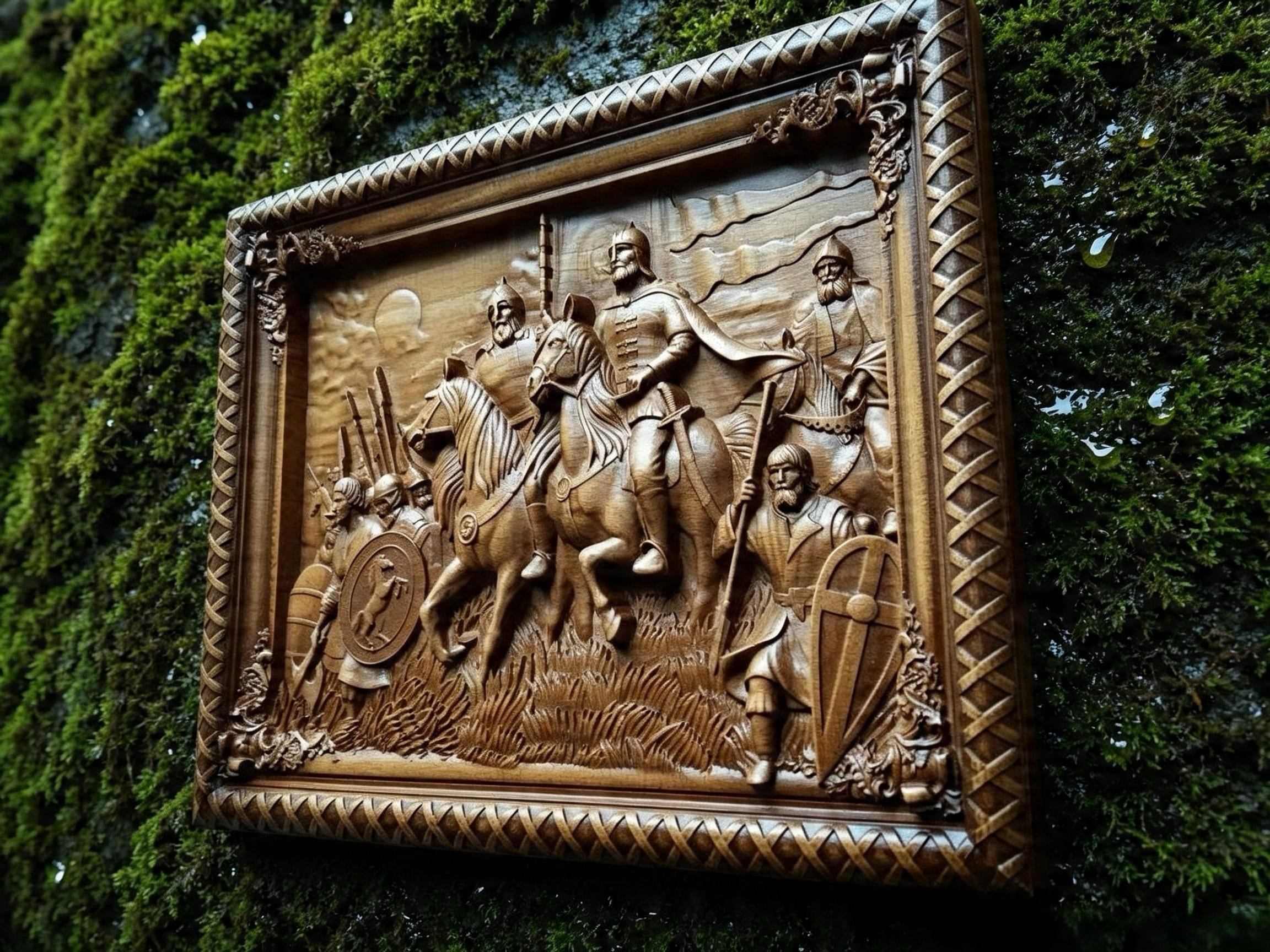 Rus, Warriors of the North Wooden Wall Panel — Hand-Carved Wood Art