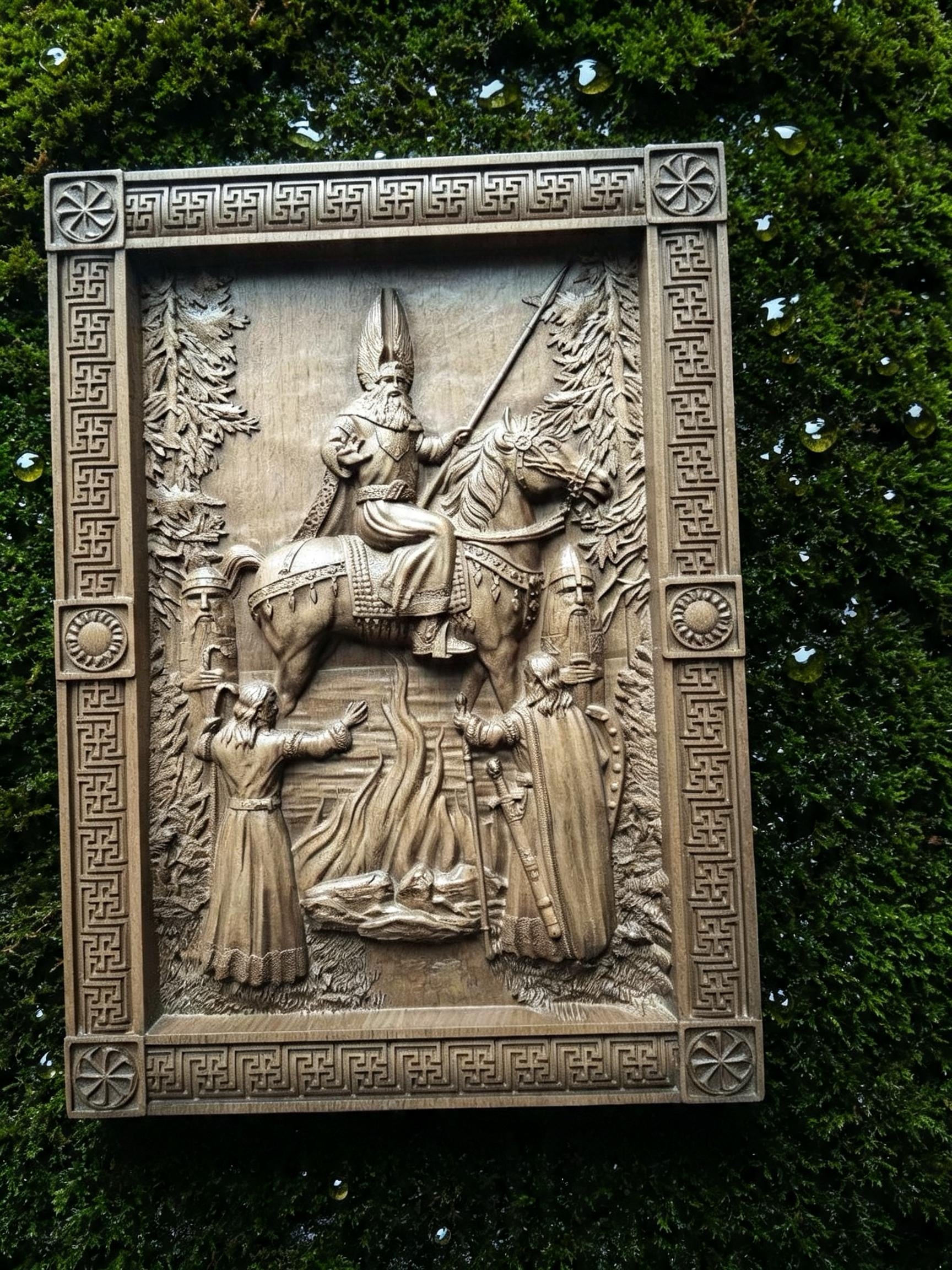 The Appearance of Svarog Wooden Wall Panel — Hand-Carved Wood Art