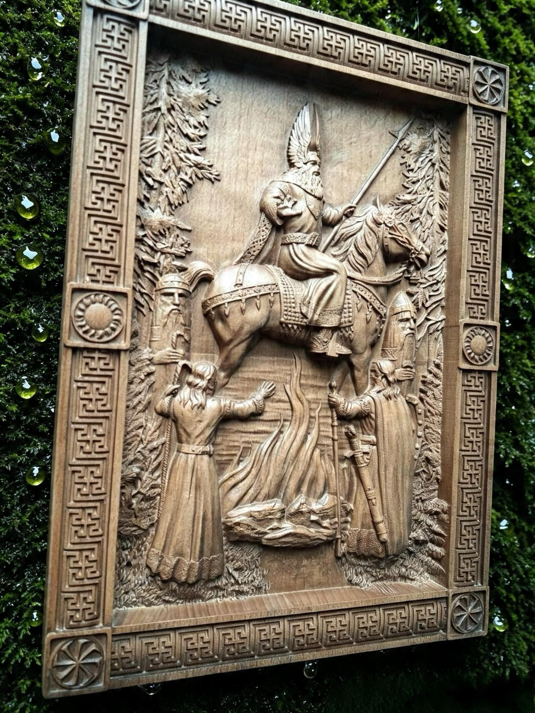 The Appearance of Svarog Wooden Wall Panel — Hand-Carved Wood Art