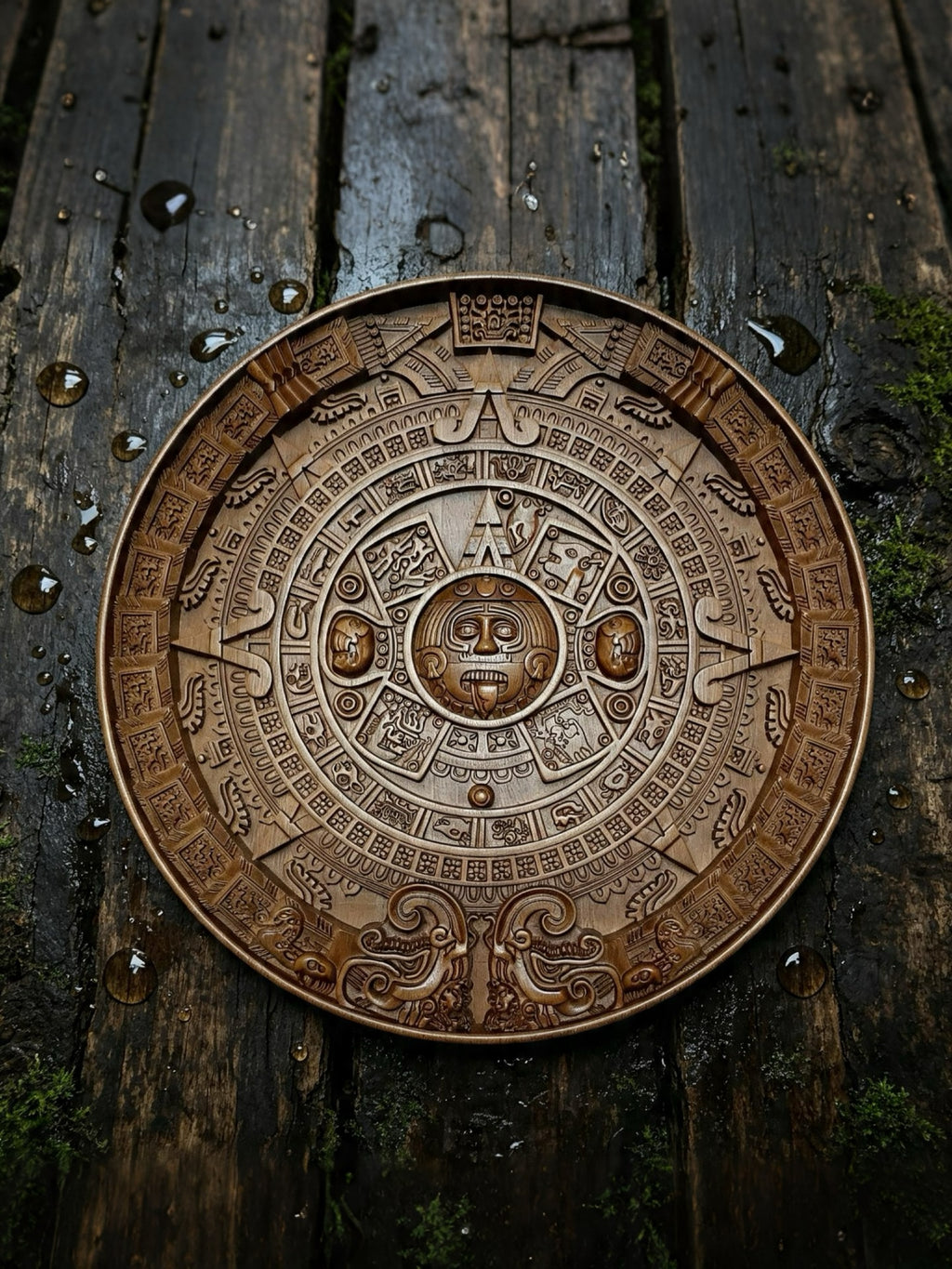 Mayan Calendar Wooden Wall Panel — Hand-Carved Wood Art