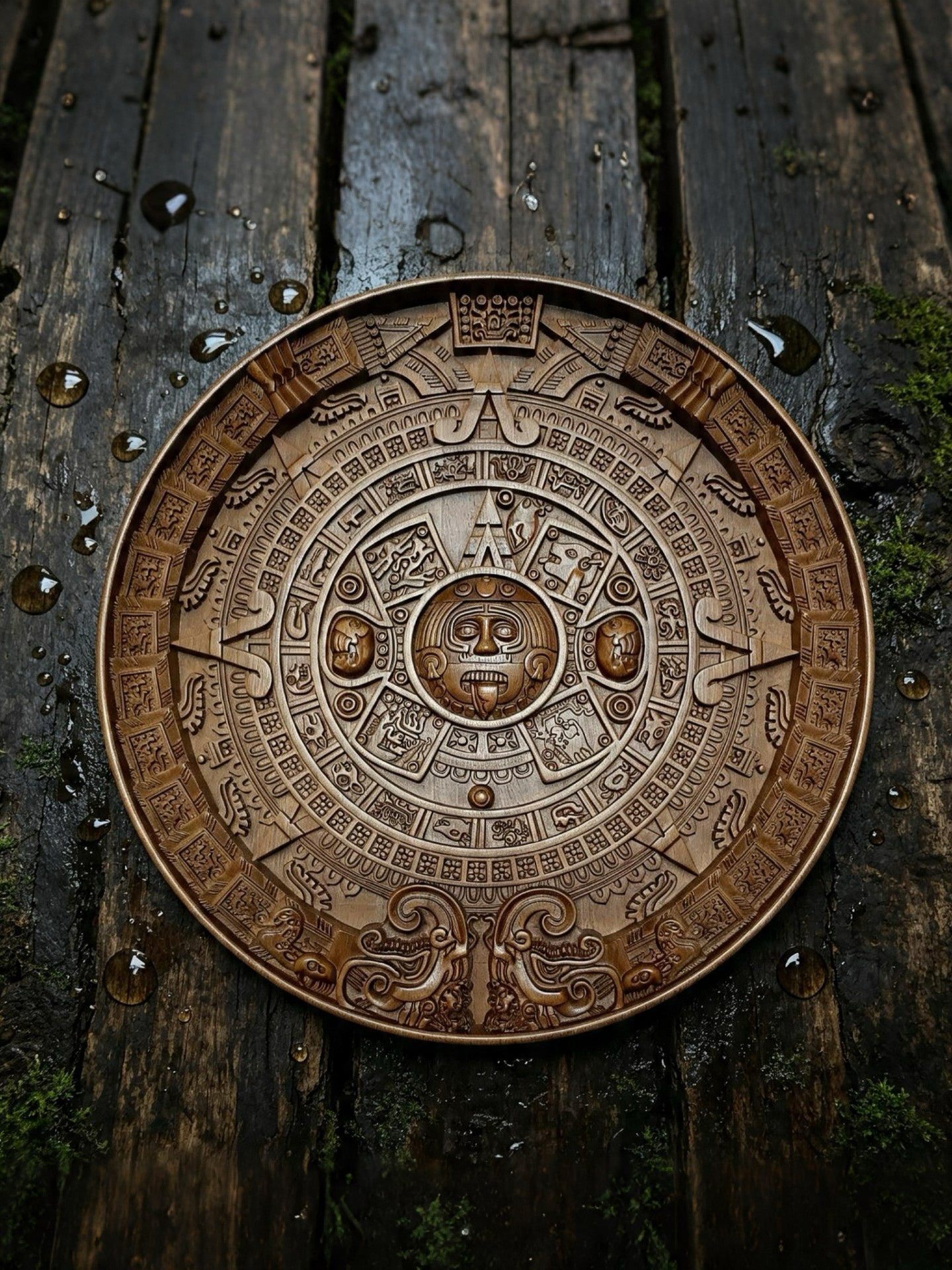Mayan Calendar Wooden Wall Panel — Hand-Carved Wood Art