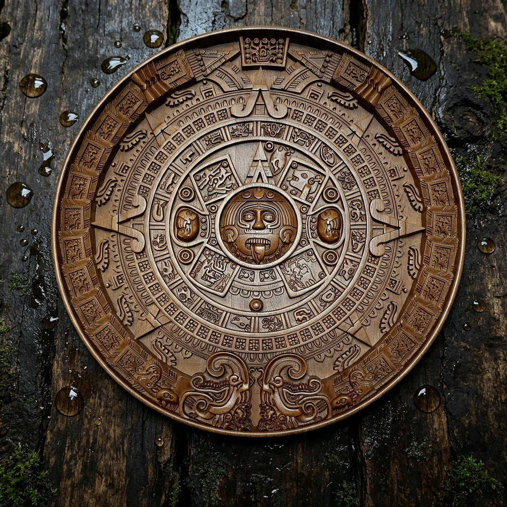 Mayan Calendar Wooden Wall Panel — Hand-Carved Wood Art
