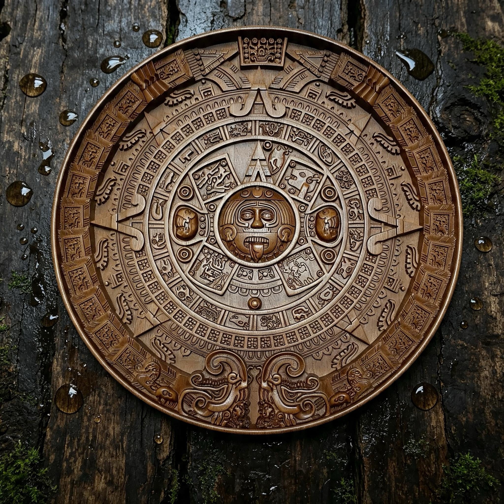 Mayan Calendar Wooden Wall Panel — Hand-Carved Wood Art