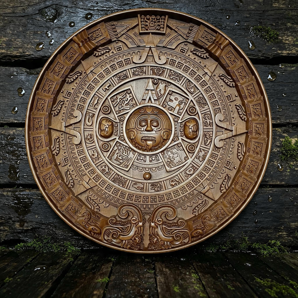 Mayan Calendar Wooden Wall Panel — Hand-Carved Wood Art
