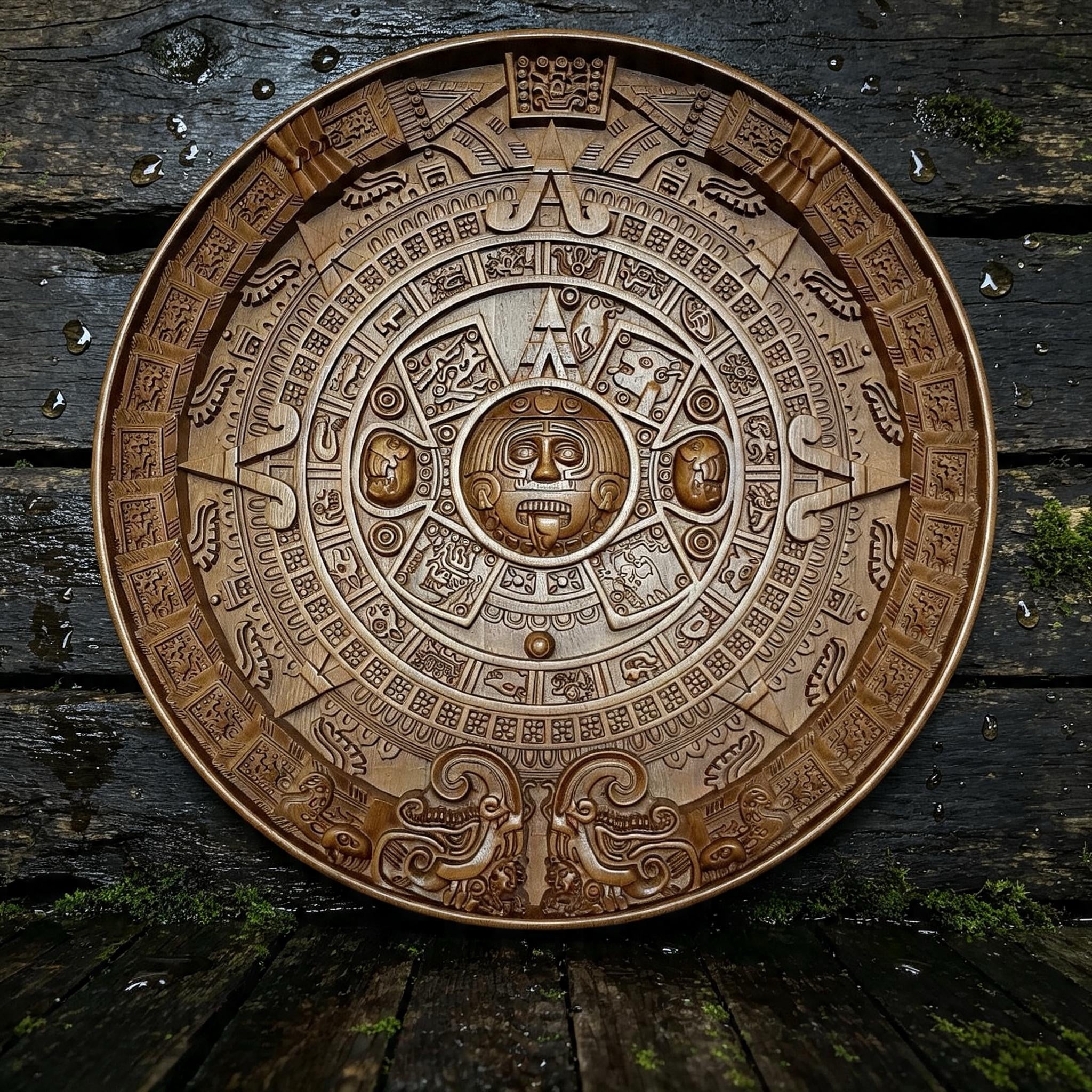 Mayan Calendar Wooden Wall Panel — Hand-Carved Wood Art