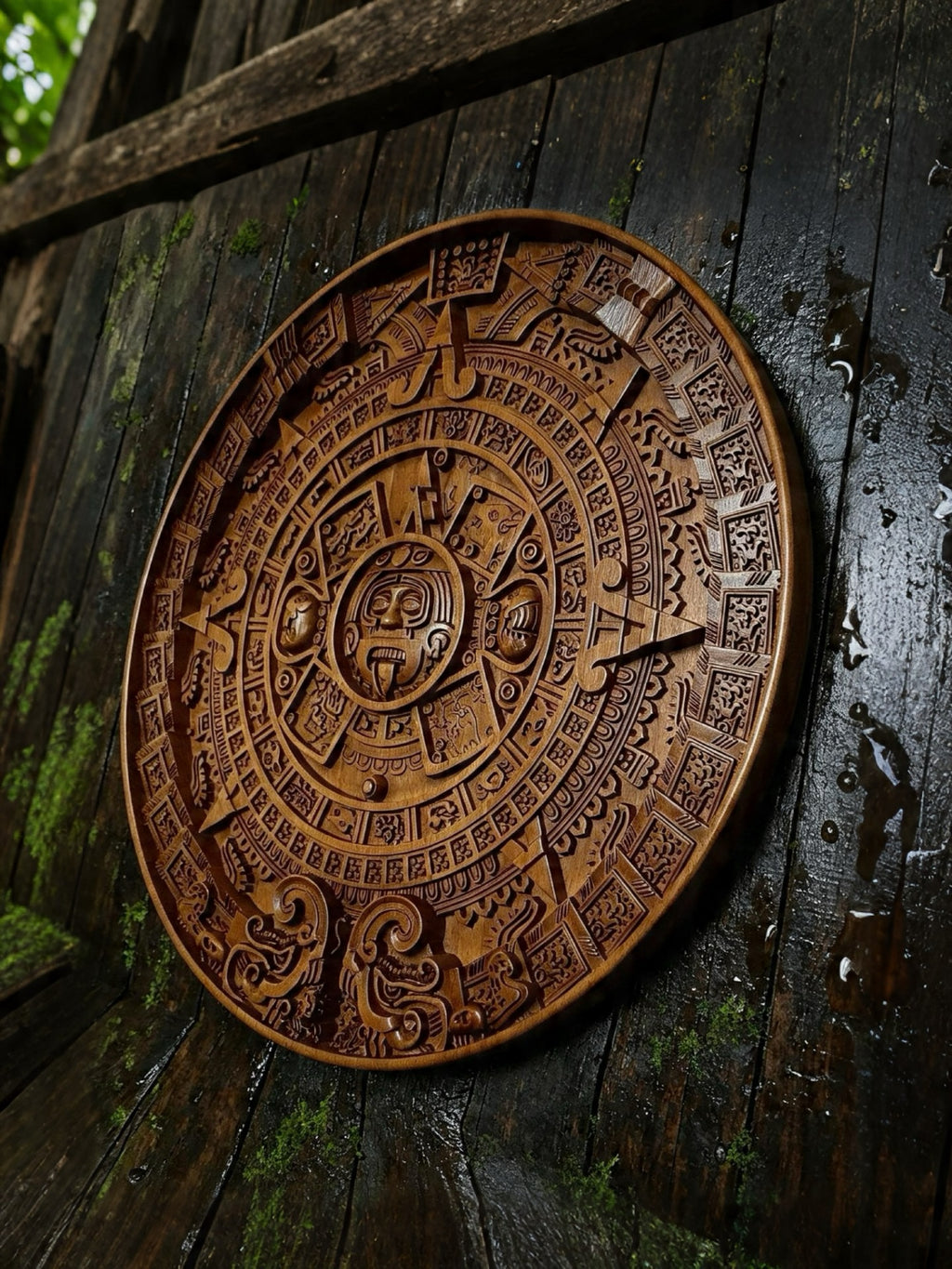 Mayan Calendar Wooden Wall Panel — Hand-Carved Wood Art