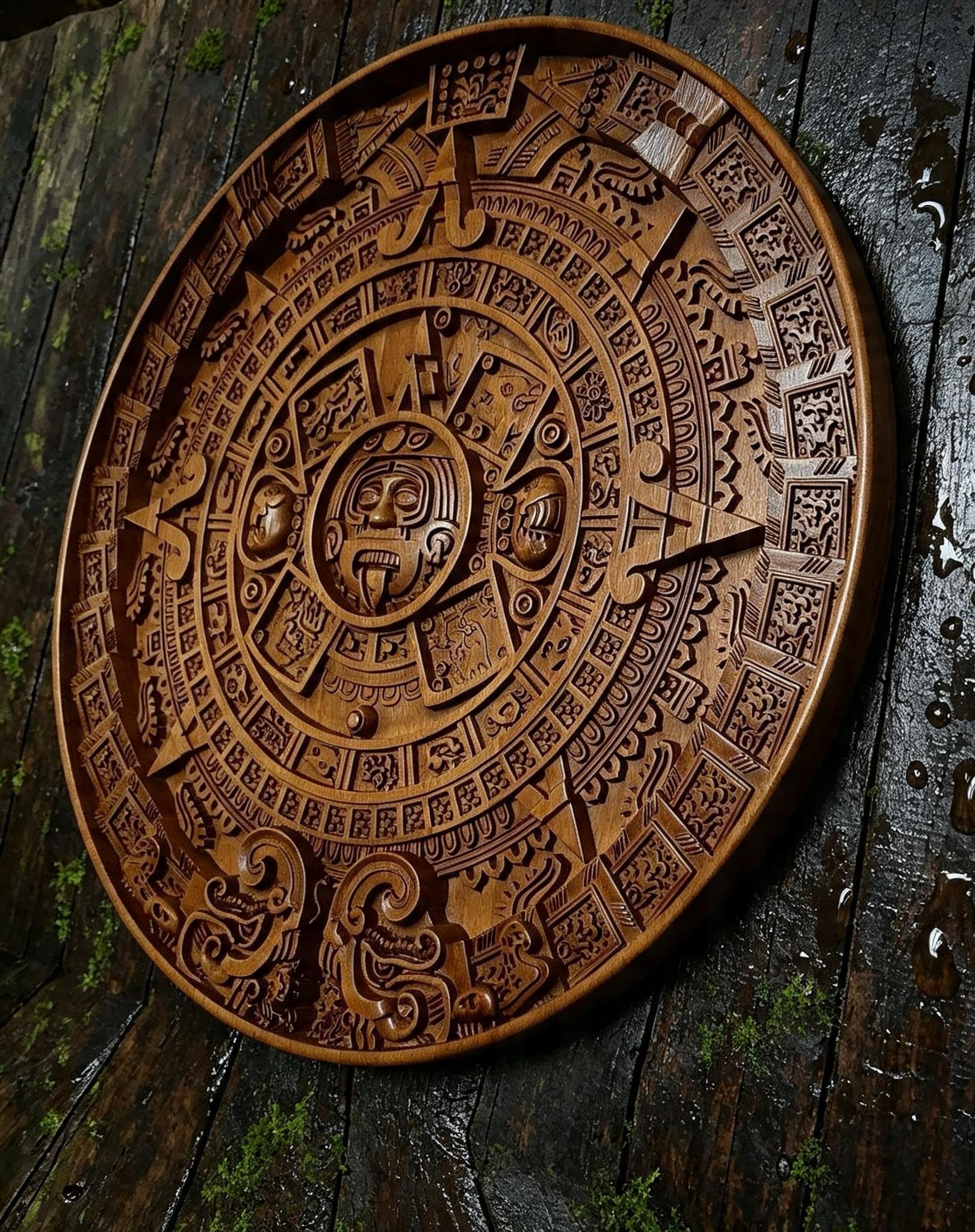 Mayan Calendar Wooden Wall Panel — Hand-Carved Wood Art