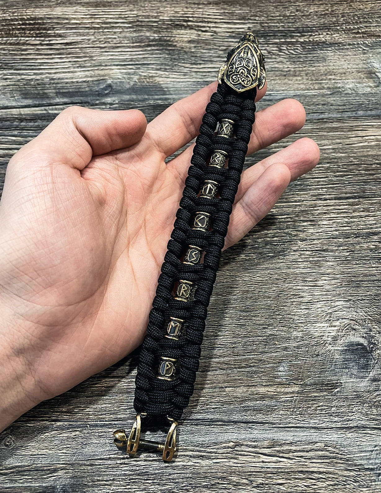 Lynx with Scandinavian Runes Bracelet, Paracord and Bronze