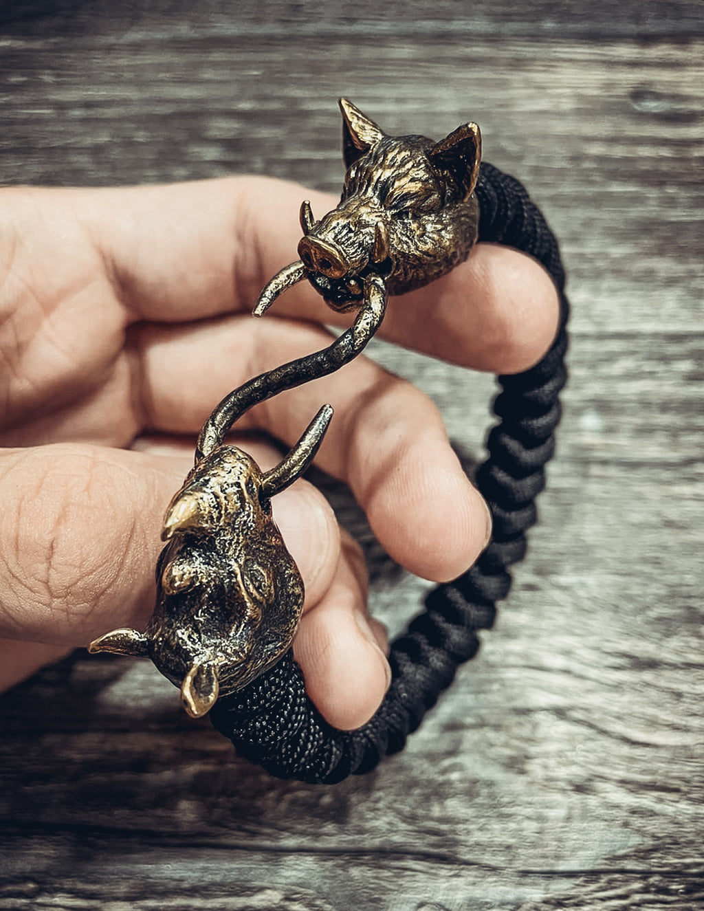 Rhino and Boar Bracelet, Paracord and Bronze