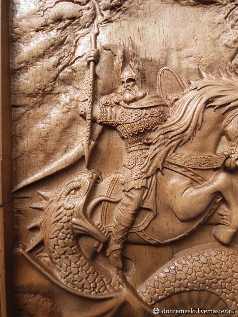 Perun's Battle with the Serpent Wooden Wall Panel — Hand-Carved Wood Art